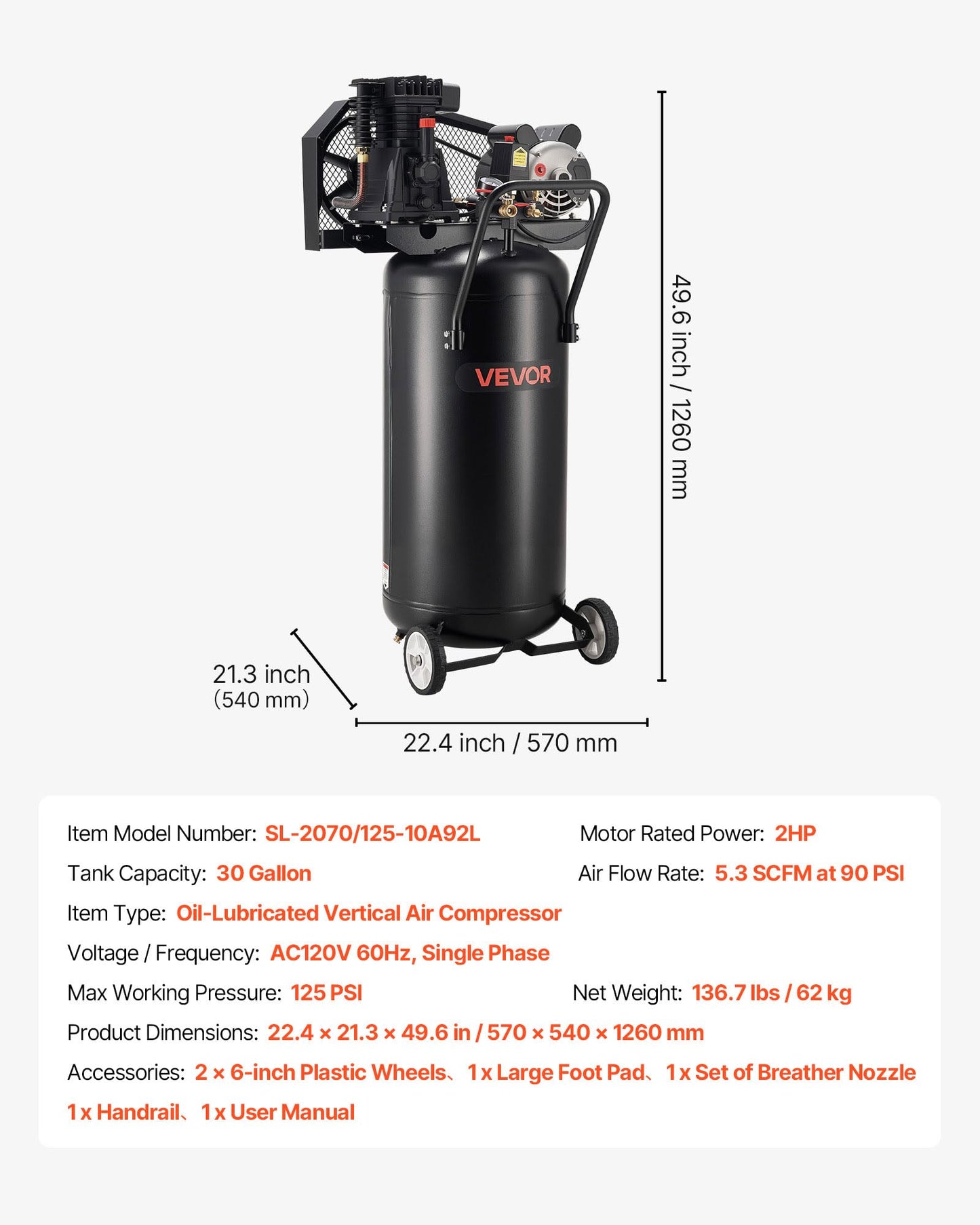 VEVOR 30 Gallons Air Compressor, 2HP 5.3SCFM at 90PSI, Max 125PSI Pressure Oil-Lubricated Air Compressor Tank, Portable on Wheels for Auto Repair,Tire Inflation,Spray Painting,Woodwork Nailing,120V