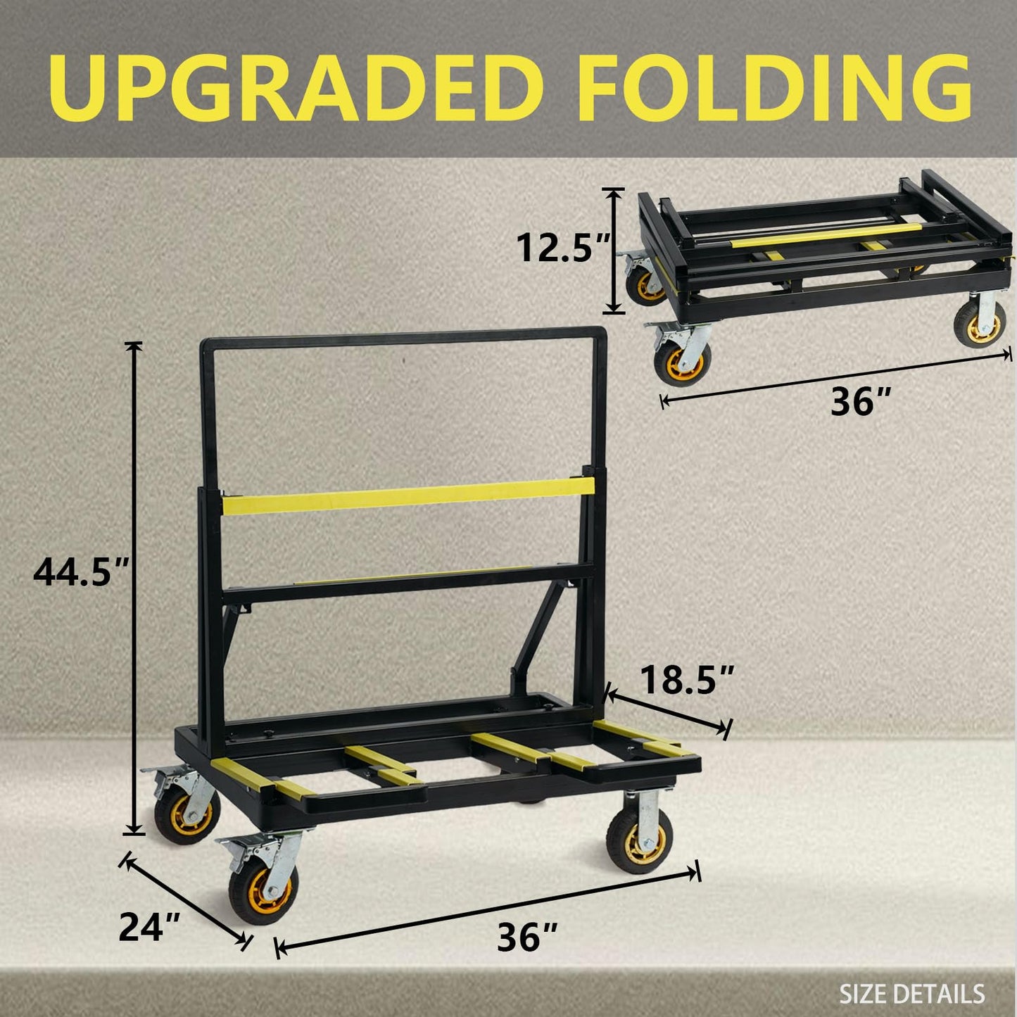 VisHomeYard Folding Drywall Cart, 2200LBS Load Capacity, Sheetrock Dolly, Drywall Plywood Cart Dolly with Rubber Swivel Casters