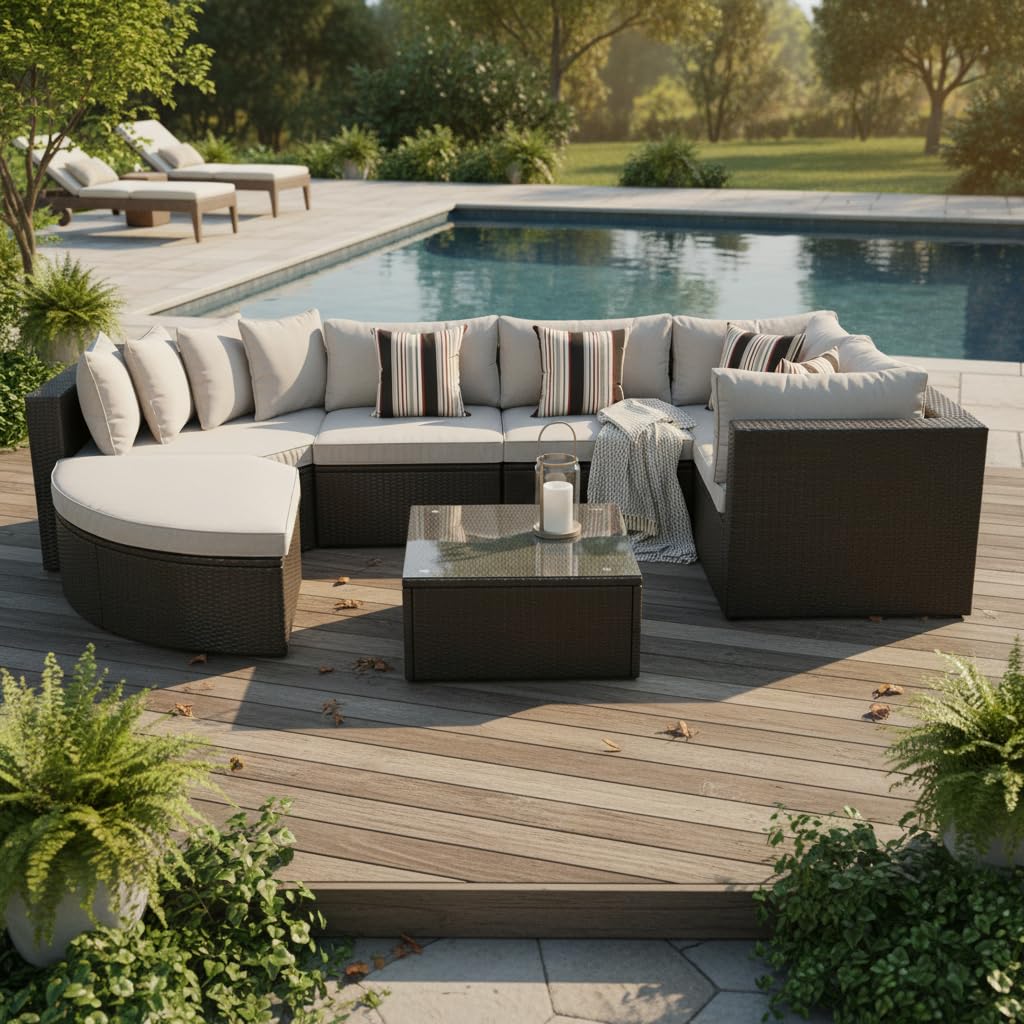 7 Piece Outdoor Wicker Patio Furniture Set, Modular Rattan Sectional Conversation Sofa with Glass Coffee Table, Cushions & Pillows, All Weather Garden Seating for Patio, Deck, Backyard, Brown