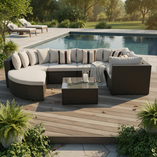 7 Piece Outdoor Wicker Patio Furniture Set, Modular Rattan Sectional Conversation Sofa with Glass Coffee Table, Cushions & Pillows, All Weather Garden Seating for Patio, Deck, Backyard, Brown