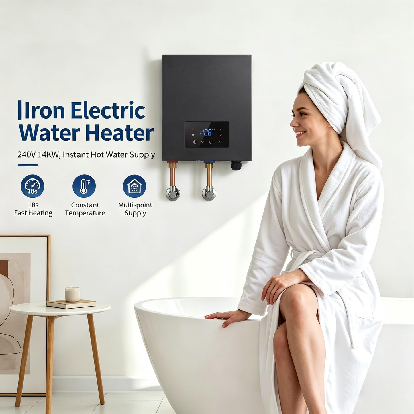 14kW 240V Tankless Water Heater Electric, Instant on-Demand Hot Water Heater with Smart Self-Modulating Technology, Compact Design for Point-of-Use Under Sink, Shower, and Kitchen, Gray