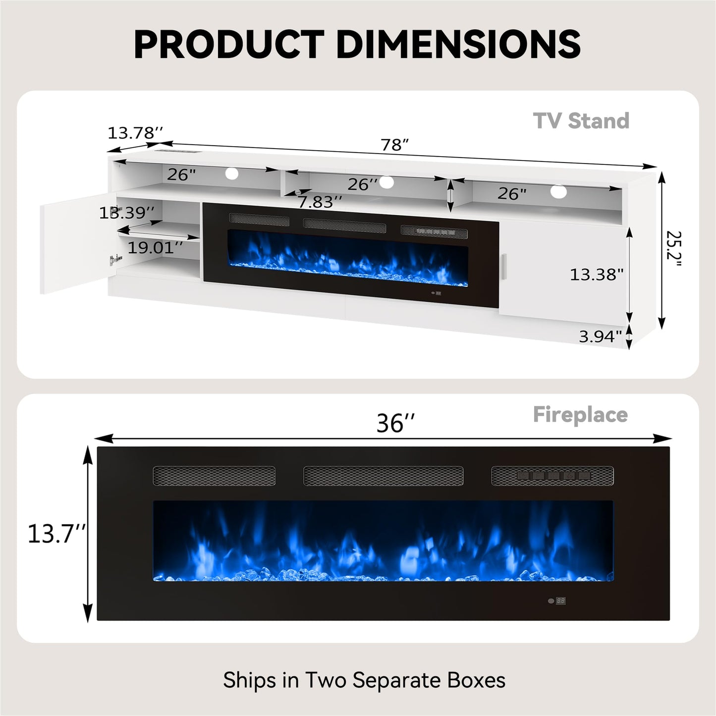 OneBlis 80" Fireplace TV Stand with Power Outlet, Electric Fireplace Entertainment Center with Storage Cabinets, Fits TVs up to 90", TV Console with LED Lights for Living Room, Office, White-Black