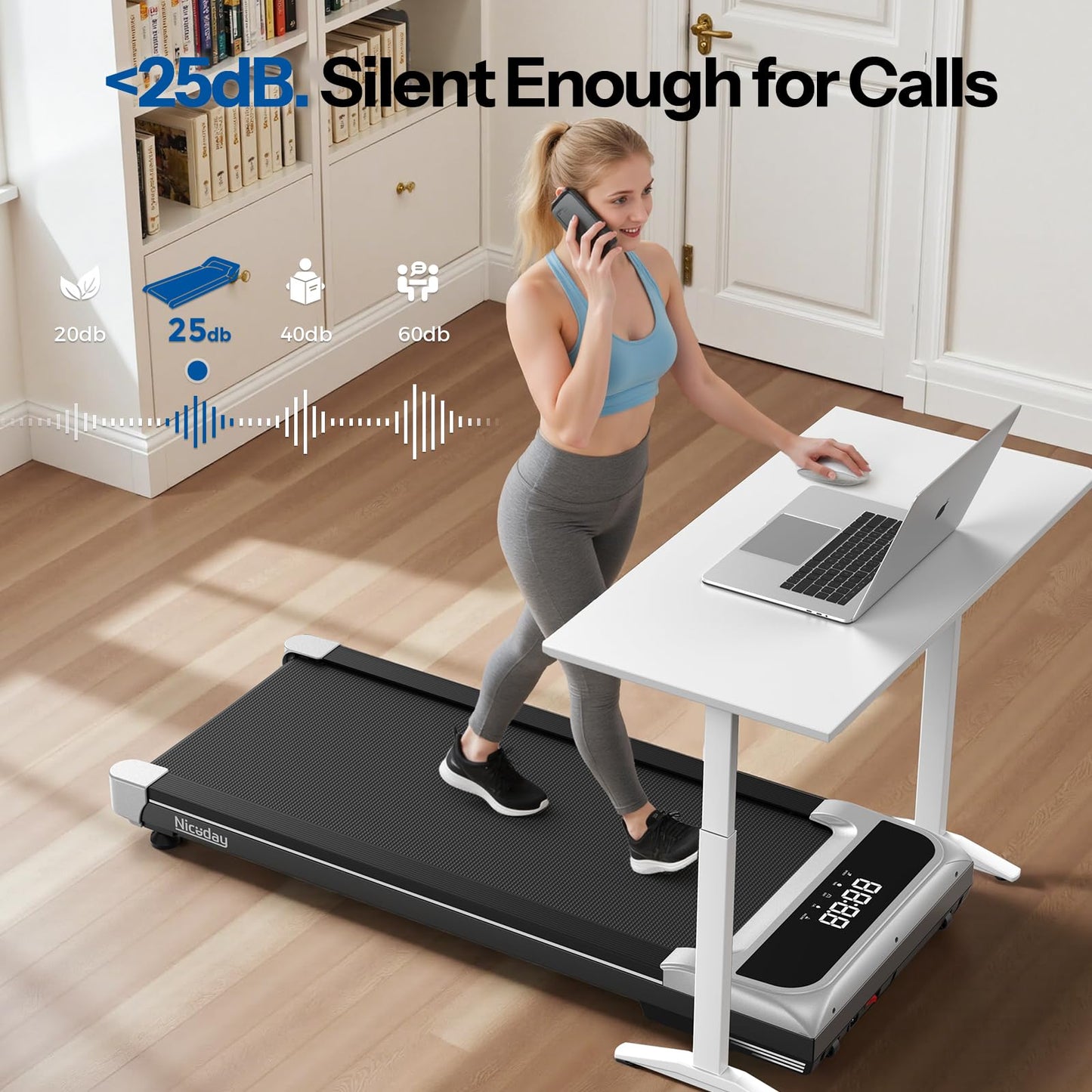 Niceday Walking Pad Under Desk with 10% 9-Level Auto Incline, 3HP Super Quiet Under Desk Treadmill for Home Office, Compact Treadmills for Home Hiking, 400 LBS Capacity, Magnetic Remote Silver