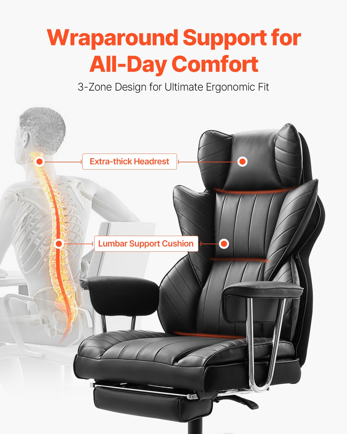 VEVOR Executive Office Chair with Footrest, 400lb Capacity Oversize Office Chair with Lumbar Pillow & Removable Armrests, Heavy Duty Ergonomic Chair, PU Leather Reclining Home Office Desk Chair, Black