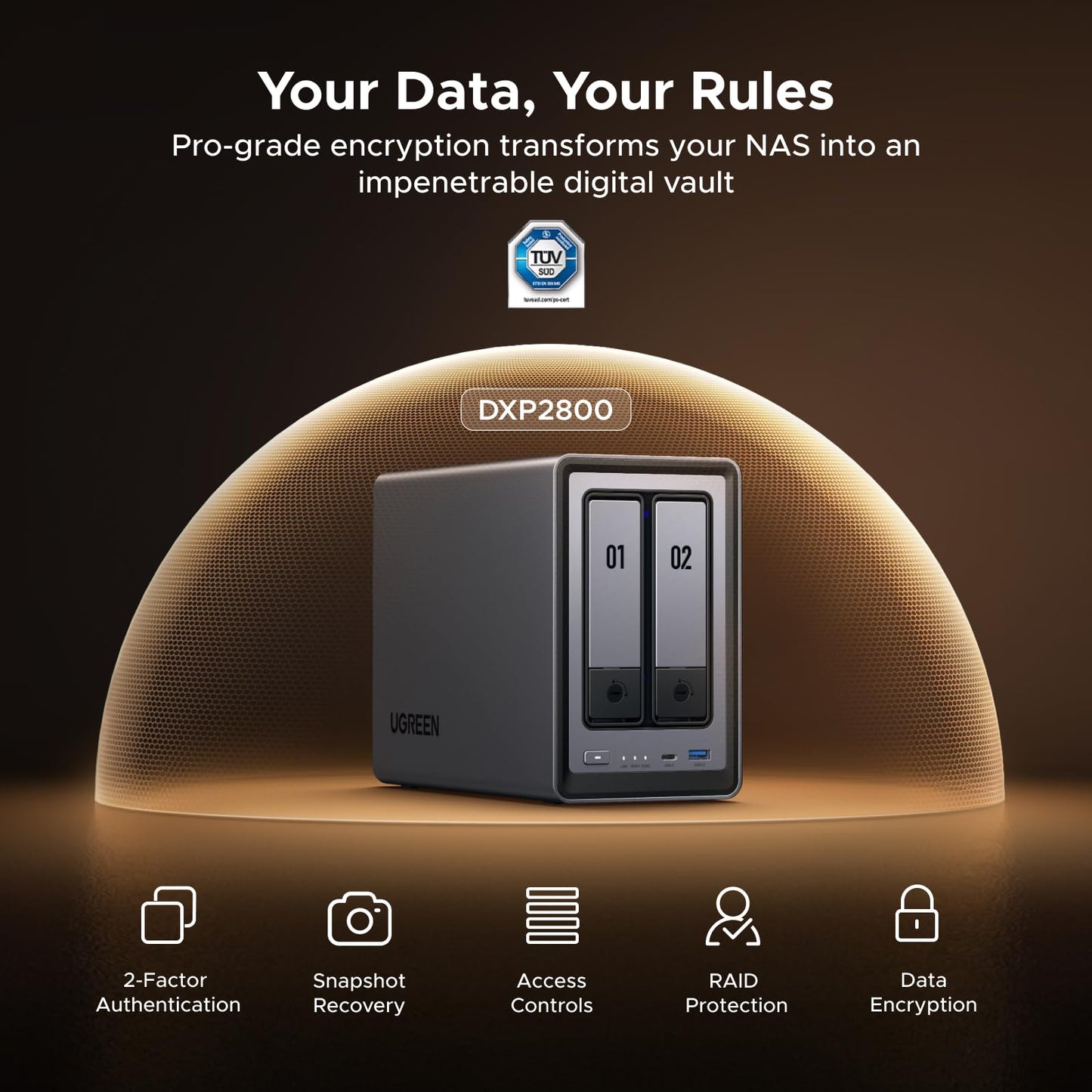 UGREEN NAS DXP2800 2-Bay Desktop Network Attached Storage, Intel N100 Quad-Core CPU, 8GB DDR5 RAM, 2.5GbE, 2X M.2 NVMe Slots, 4K HDMI, Ideal for Content Creators and Enthusiasts (Diskless)