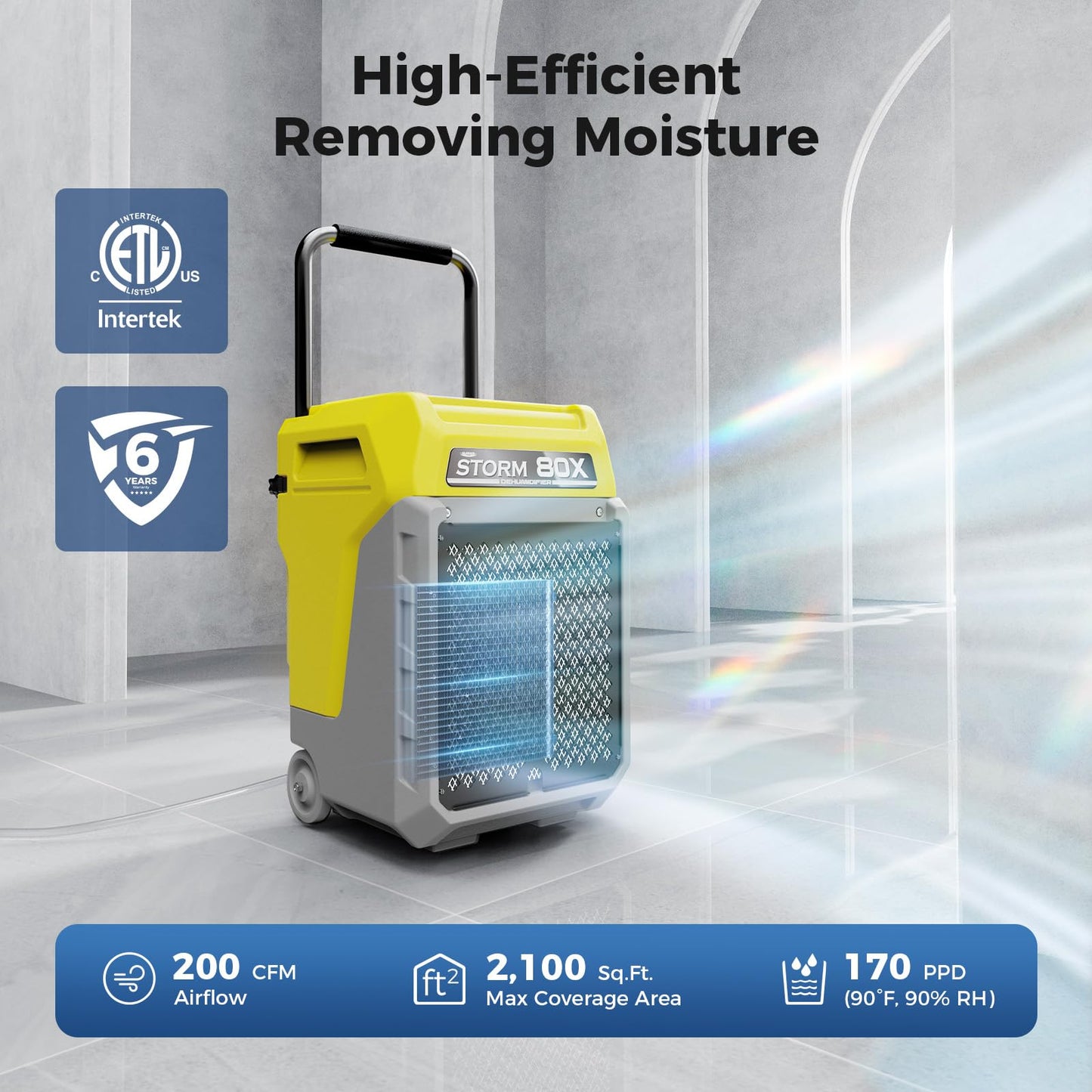 ALORAIR 170 PPD Commercial Dehumidifier with Pump & Drain Hose, LGR Industrial Use, Portable Dehumidifier with Wheels for Water Damage Restore, 6 Year Limited Warranty, Storm 80X (Yellow)