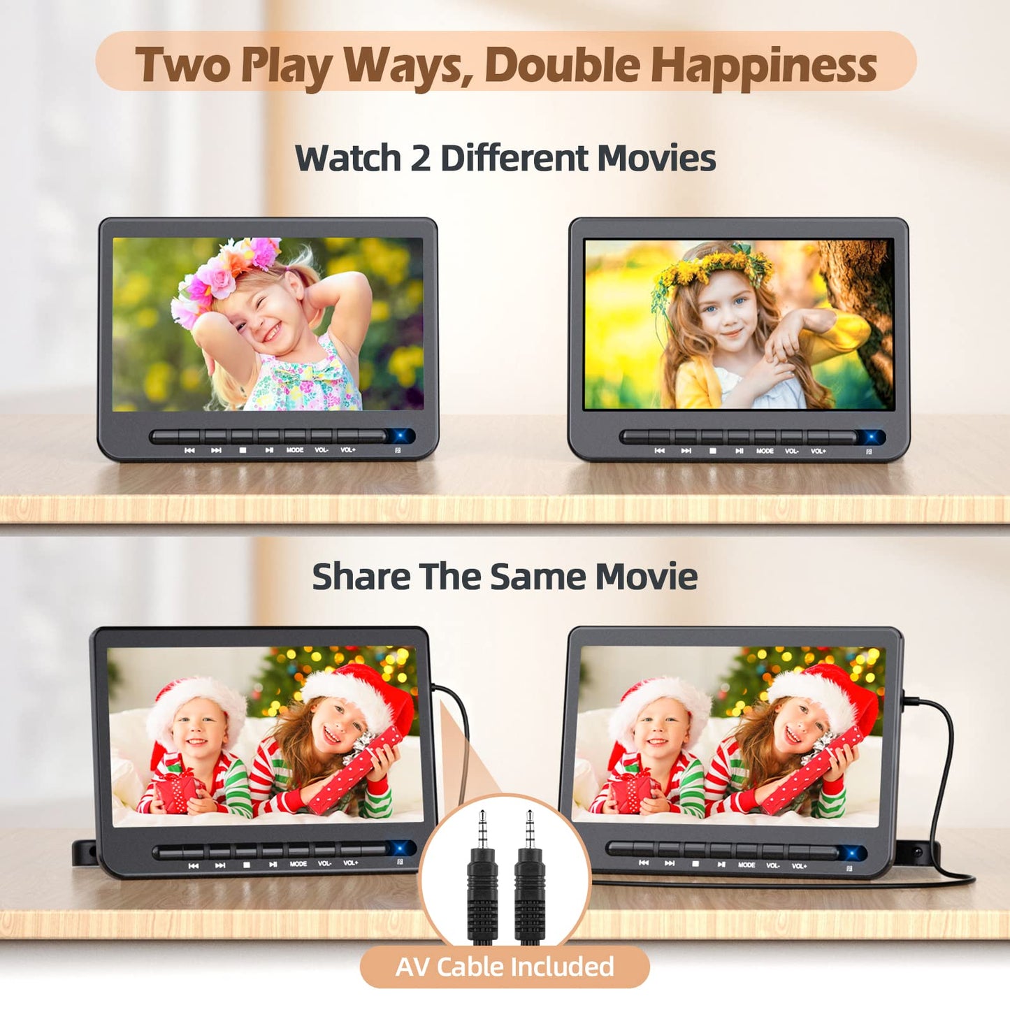 DESOBRY 10" Dual Portable DVD Player for Car, Car DVD Player Dual Screen with 1080P HD Screen, Headrest Travel System with HDMI Input, AV Out with Mount Brackets and Straps