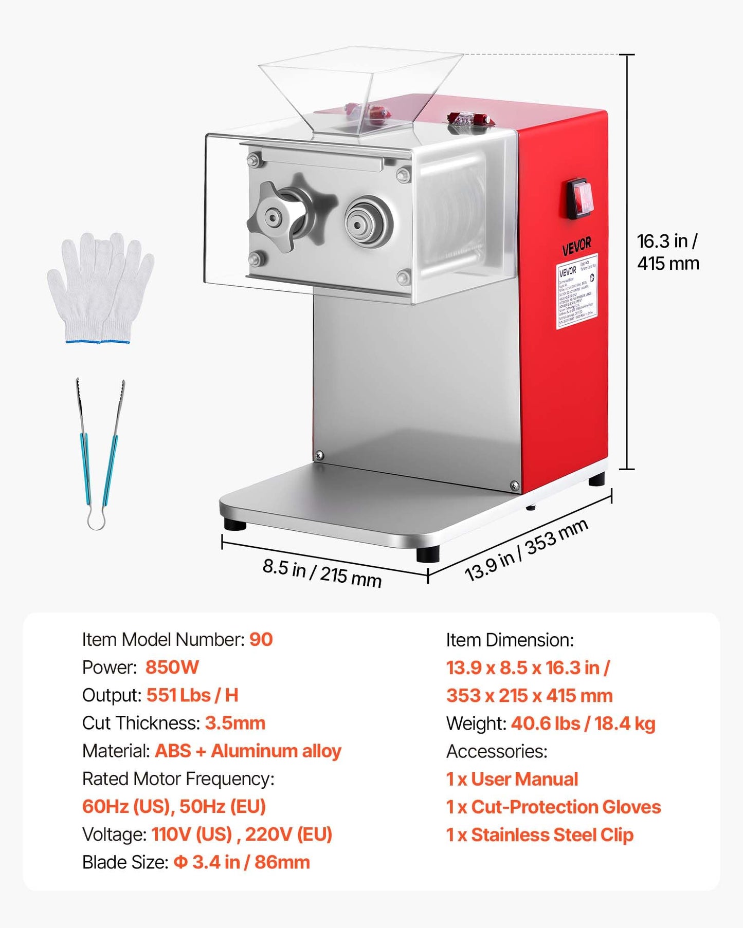 VEVOR Meat Cutting Machine, 850W Commercial Slicer, 3.5mm Heavy Duty Stainless Steel Blade Shredder for Boneless Meat Soft Vegetables, Electric Food Slicers for Kitchen Restaurant Supermarket