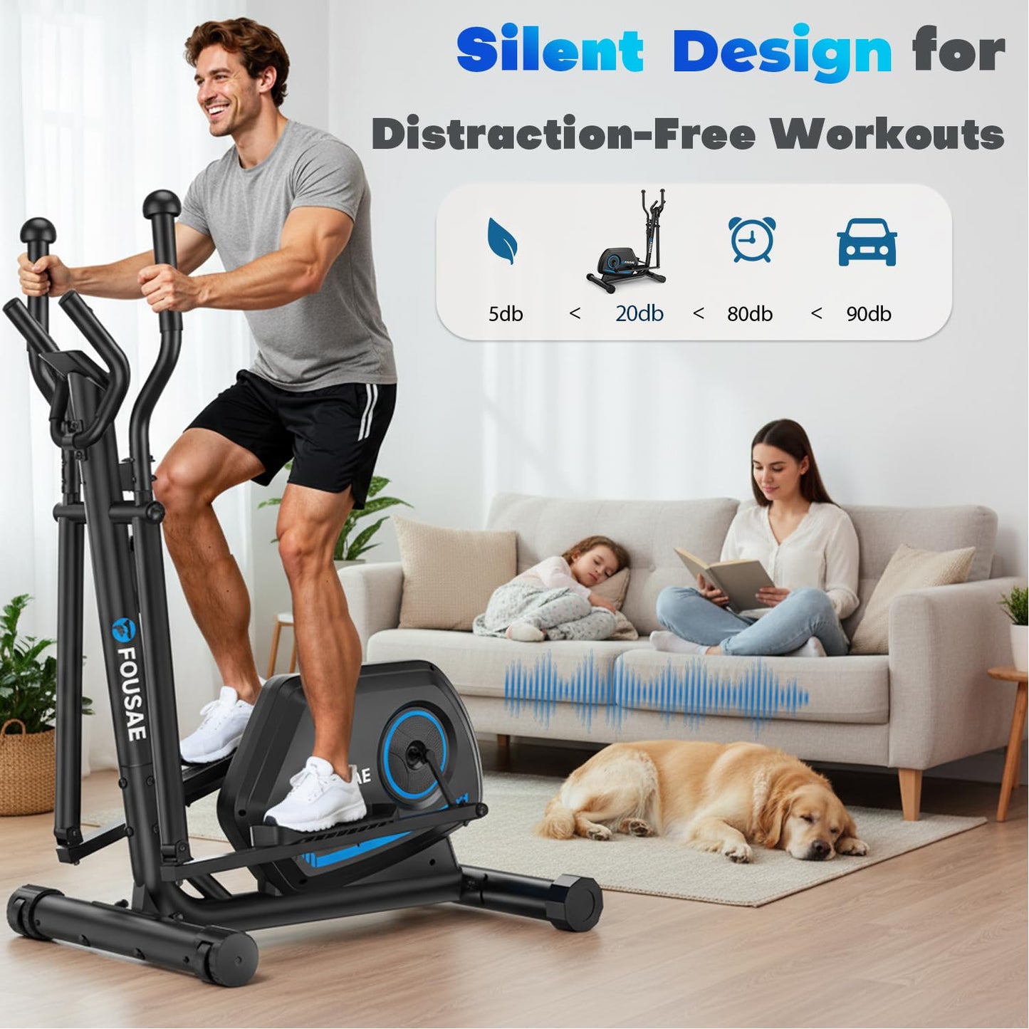 FOUSAE Elliptical Exercise Machine for Home, 16-Level Magnetic Resistance Elliptical Trainer with Hyper-Quiet Drive, 15.5IN AStride, LCD Monitor & App Support, 350LBS Weight Capacity