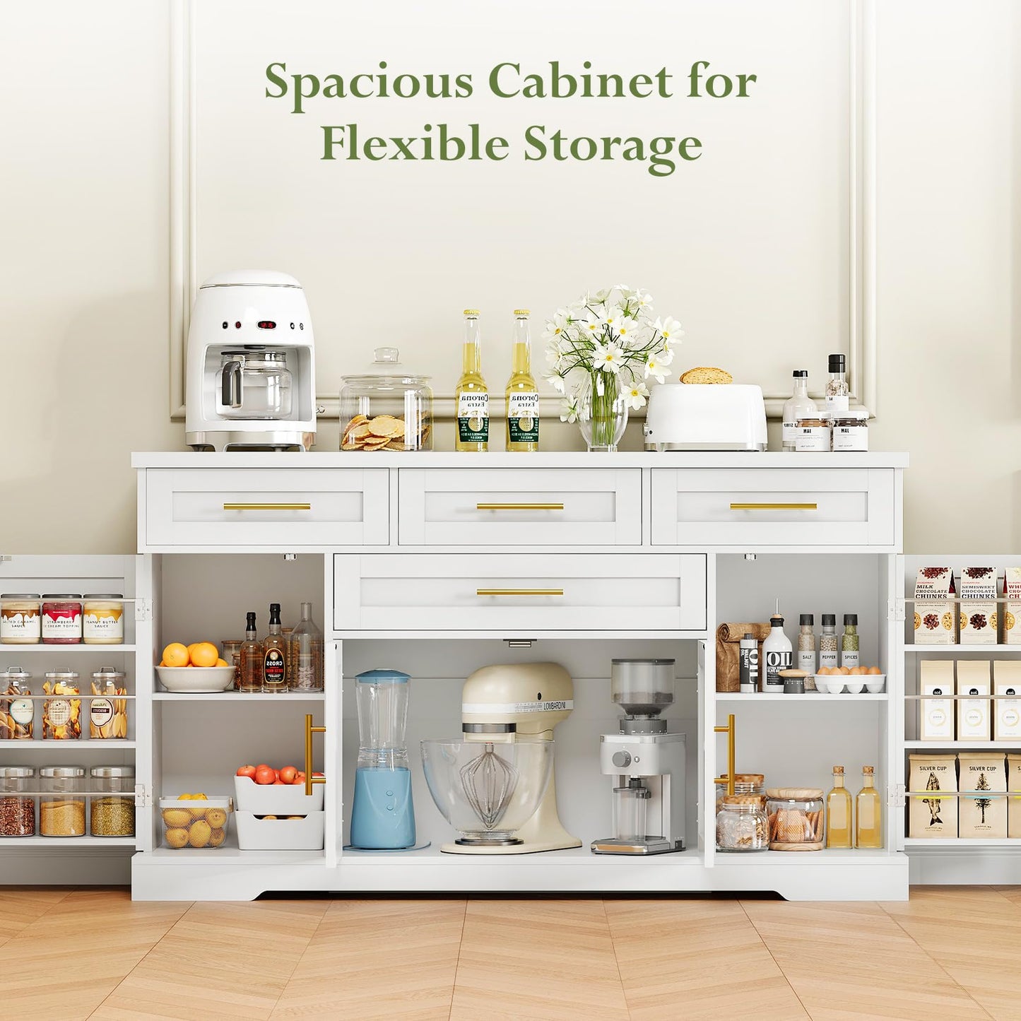 54" Storage Buffet Cabinet, Sideboards with Doors and Shelves, Small Coffee Bar Cabinet with 4 Drawers, Modern Kitchen Storage Cabinet for Living Room, White