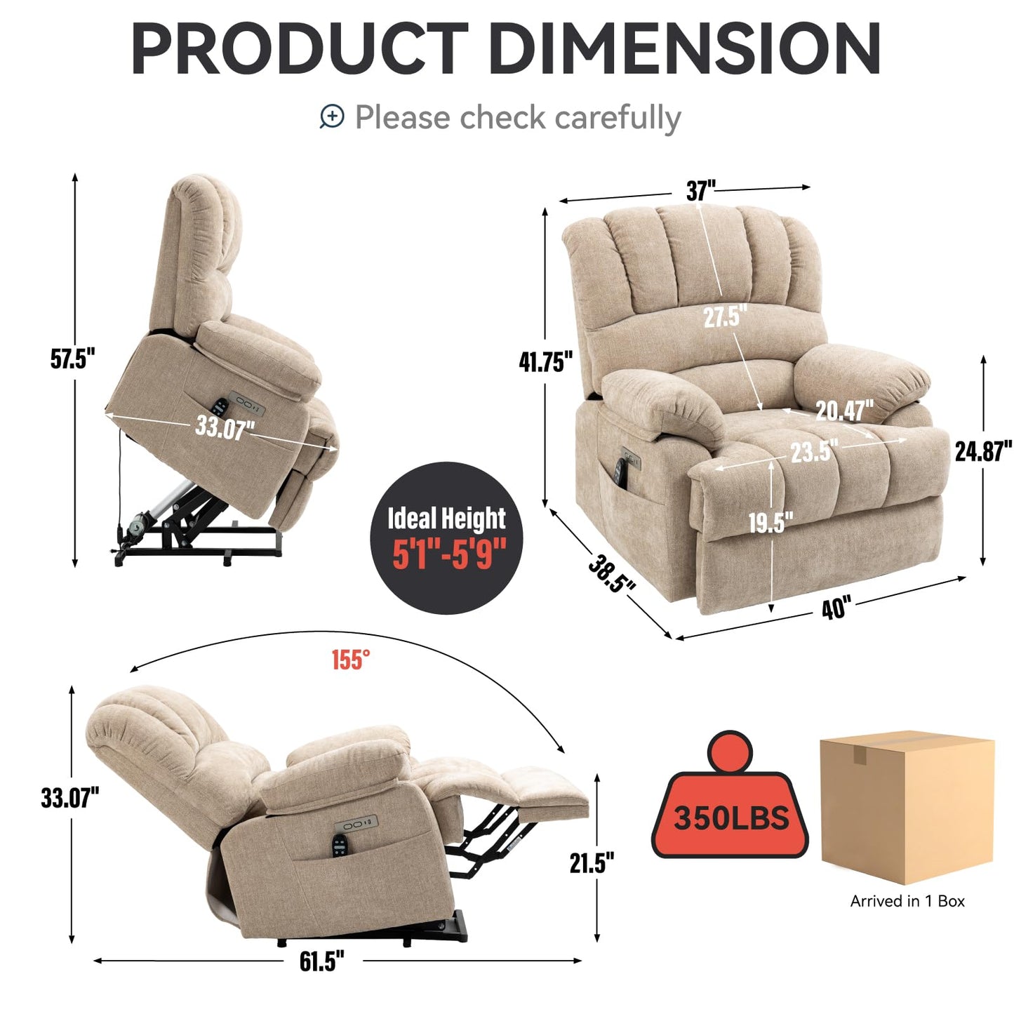 KEIKI Large Power Lift Recliner Chair with Wide Seat and Remote for Big and Tall, Soft Fabric Finish with Vibration Massage and Lumbar Heating