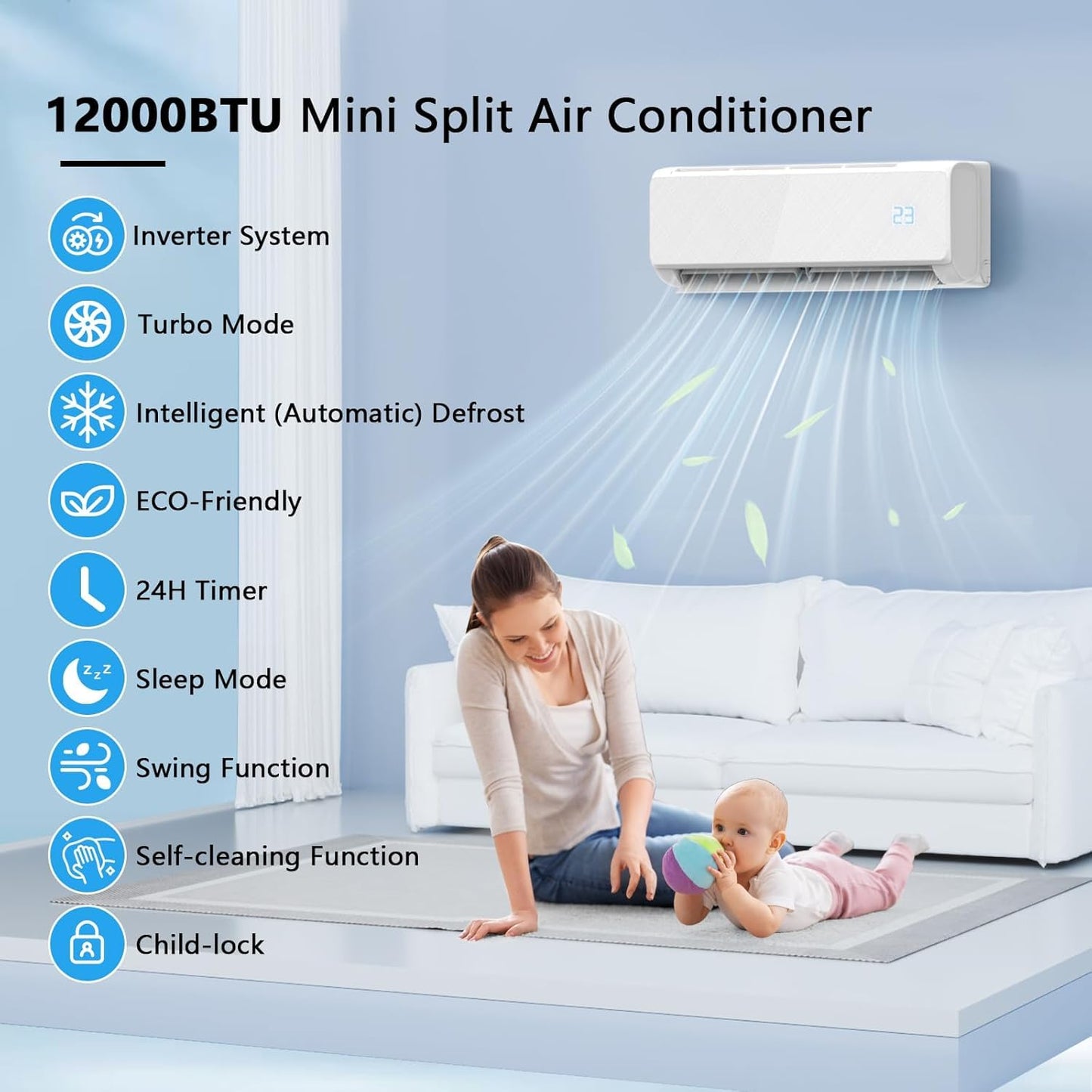 12000 BTU Mini Split Air Conditioner, 22 SEER2 Energy-Efficient Ductless Inverter Heat Pump, Cools Up to 750 Sq.Ft, Ultra-Quiet, WiFi & Alexa Smart Control, Installation Kit, 115V,White