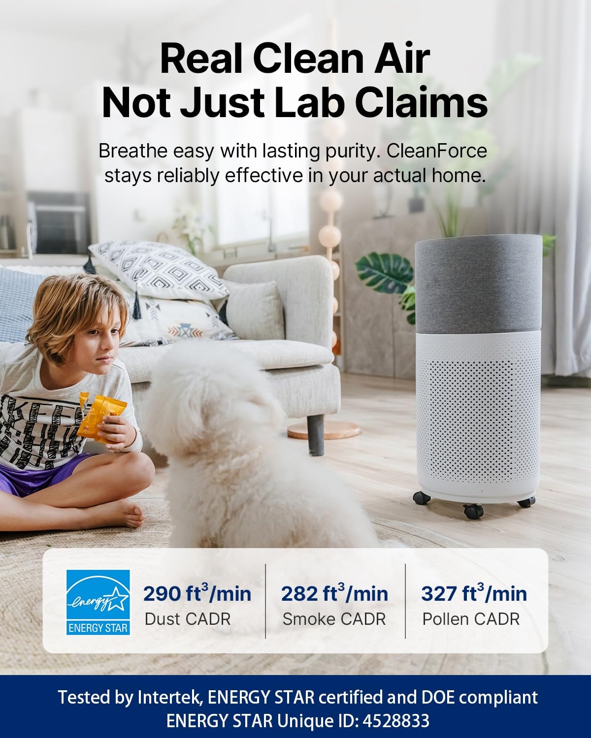 CleanForce Rainbow Air Purifier for Large Room up to 2250 ft², Advanced True HEPA & Carbon Filter, Reduces Dust, Pollen, Smoke & Pet Dander, Alexa/App Control, Ozone-Free | Gray