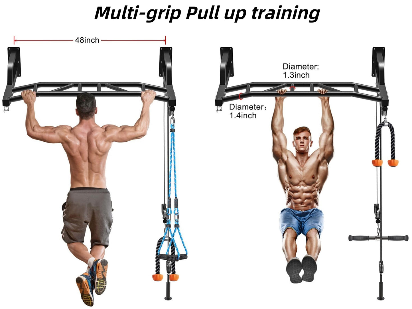 SELEWARE 48'' Heavy Duty Pull Up Bar Wall Mount Multi-function Chin up Bar with Home Gym Cable Pulley System LAT Pulldown Workout Attachments Heavy Bag Hanger