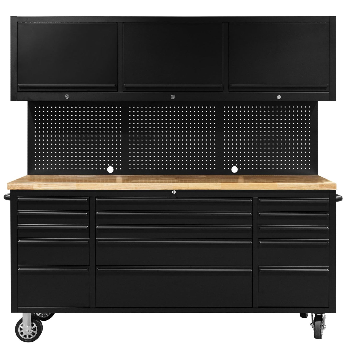 CHETTO C 72 inch Tool Chest Tool Box Mobile 15 Drawers Storage 3 Upper Cabinets SS-Pegboard Rolling Cabinet with Wheels Lock Key Locking System Drawer Liners for Garage Warehouse Repair Shop Black
