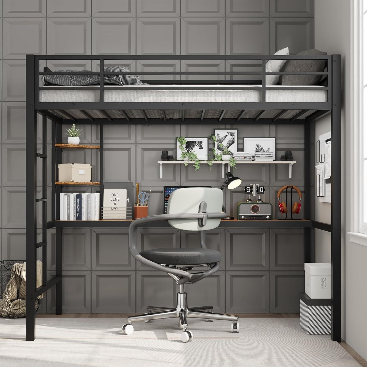 GAOMON Twin Size Loft Bed with Desk and Storage Shelves, Sturdy Metal Loft Bed with Steel Slats Support and Ladder for Kids and Adults, Safety Guardrail, Space Saving, Black and Brown