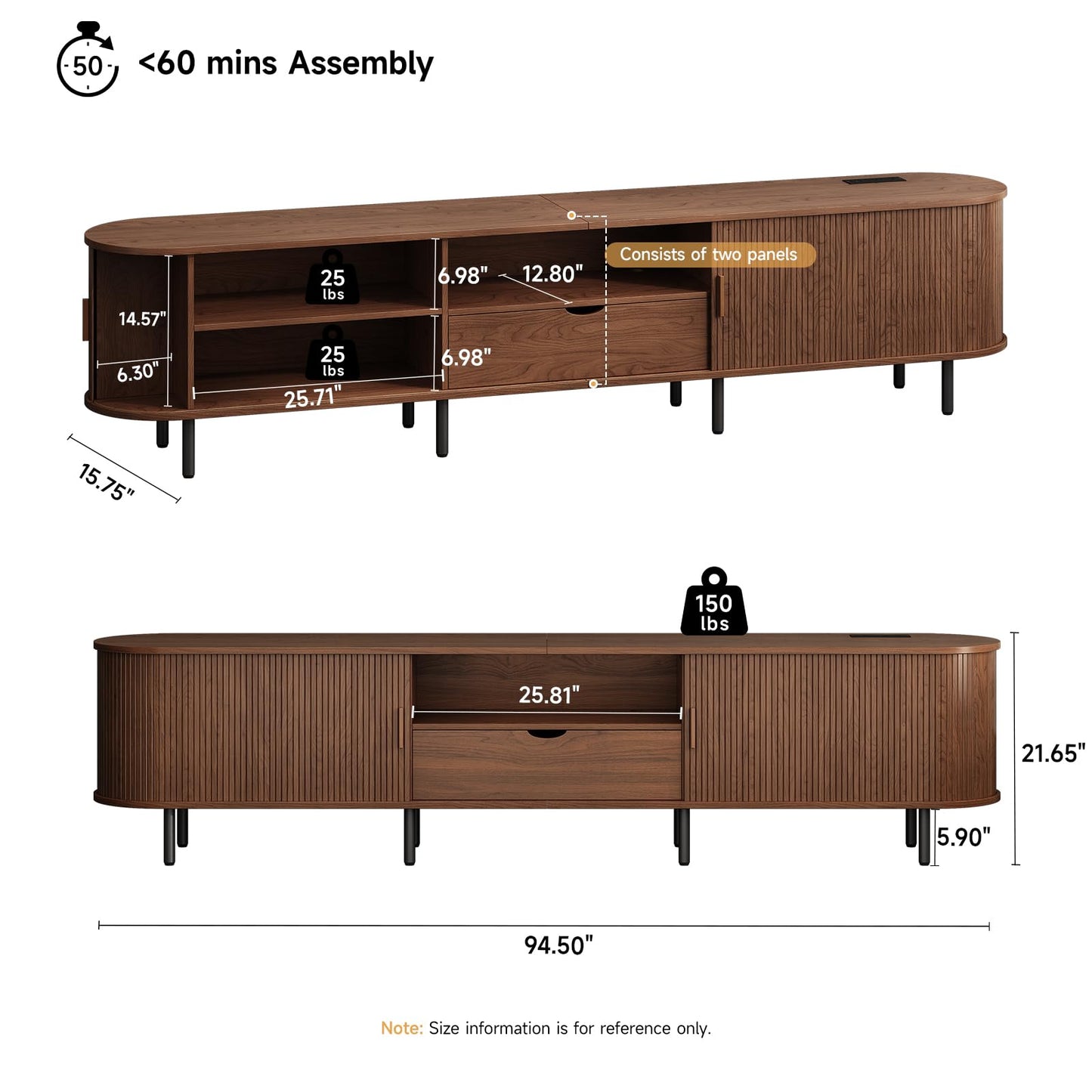 ONBRILL 94.5" TV Stand with Power Outlet for TVs up to 102", Entertainment Center with Storage and Drawer, TV Console w/Adjustable Shelves and Sliding Door, TV Stand for Living Room, Bedroom, Walnut