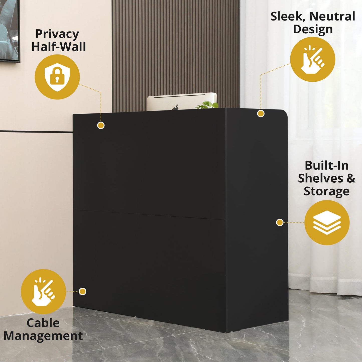 Houseables Receptionist Desk, Reception Desk with Counter, Checkout Counter, Cashier, Front Office, Small Spaces, Retail Table, Modern, Black, for Cash, Lobby, Salon, Store, Check Out/in, 47x44x19in