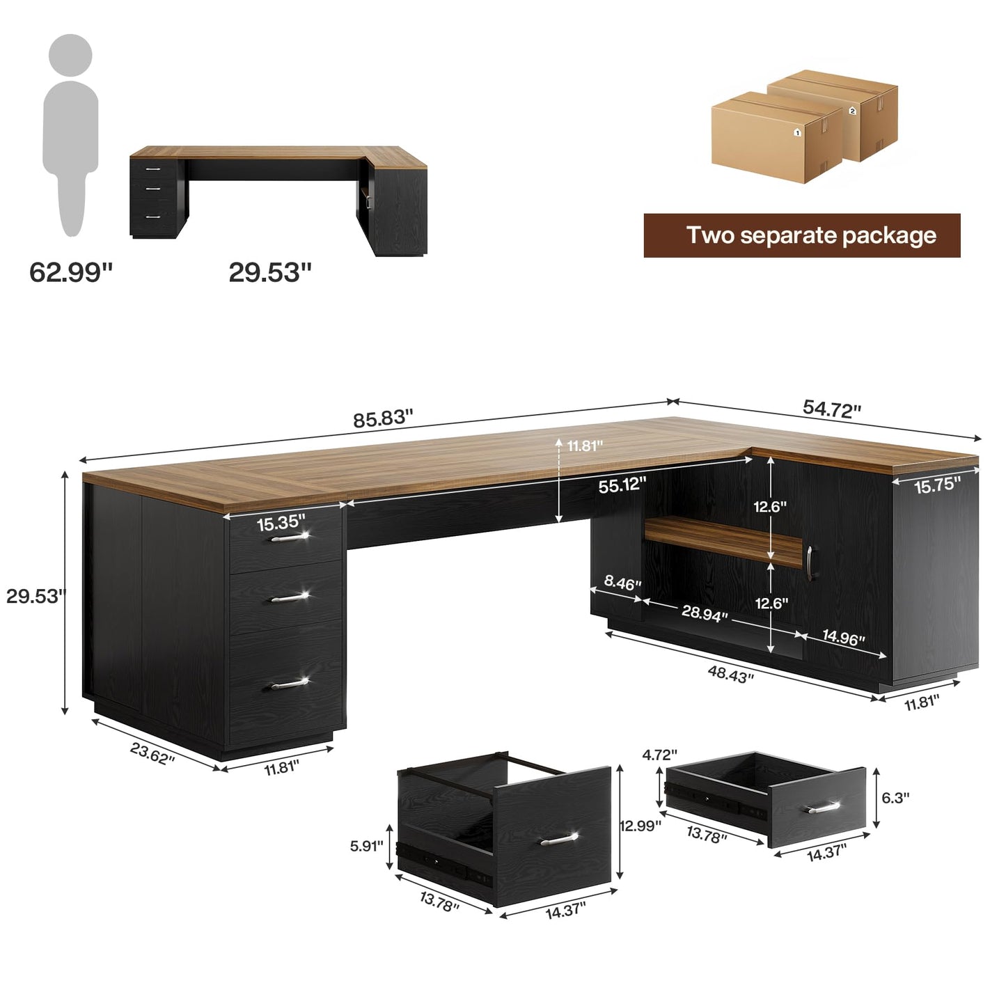 Tribesigns 85.8-Inch L-Shaped Executive Office Desk with File Drawers & Storage Cabinet, Professional Corner Computer Desk Extra Large Business Workstation with Adjustable Shelves (Brown&Black)