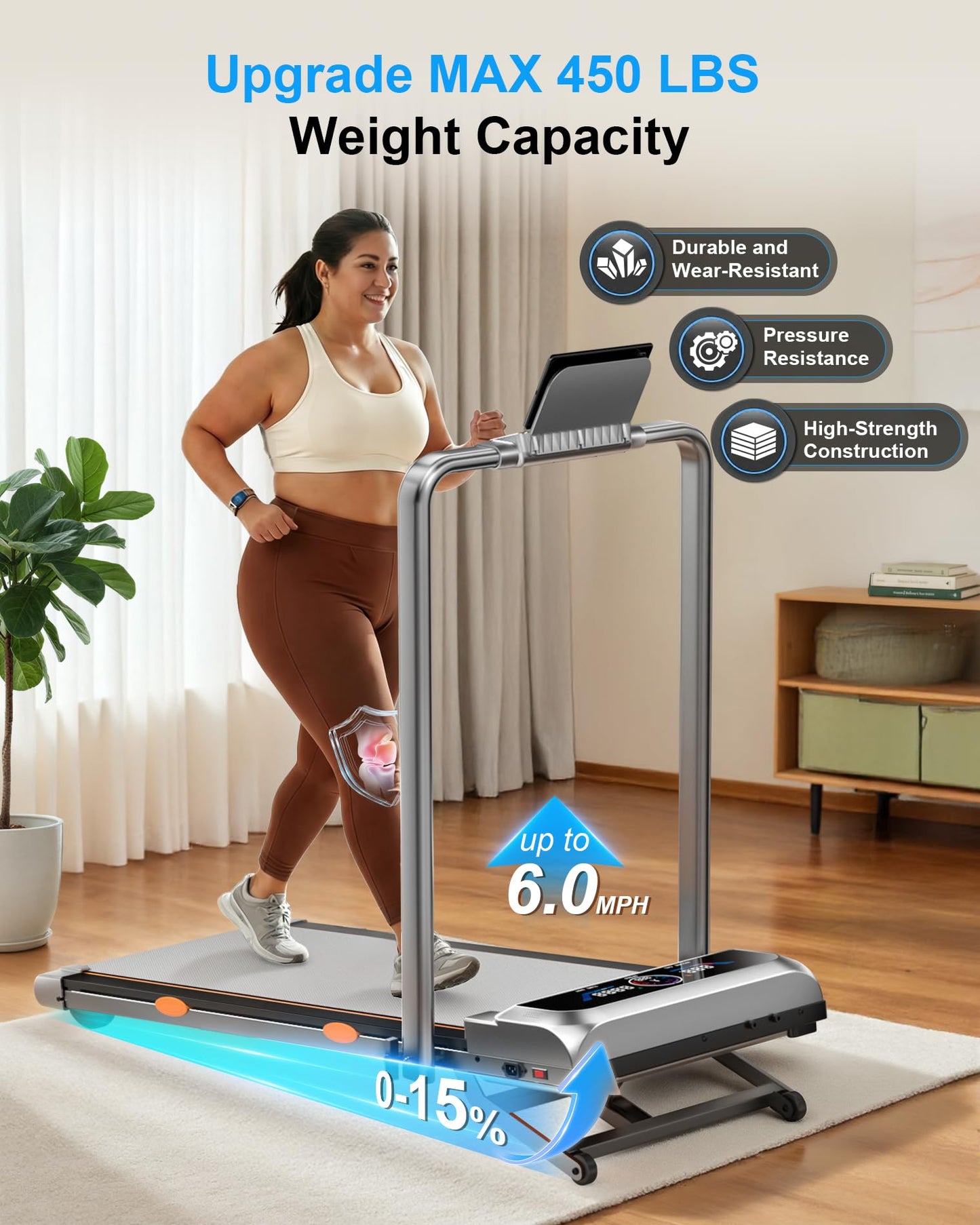 Walking Pad with 15% 12-Level Auto Incline & Handle Bar, 450 lbs Capacity UI Screen, Trisomy 3.5HP Quiet Under Desk Treadmill, Speaker, APP & Remote Control, Treadmills for Home Hiking