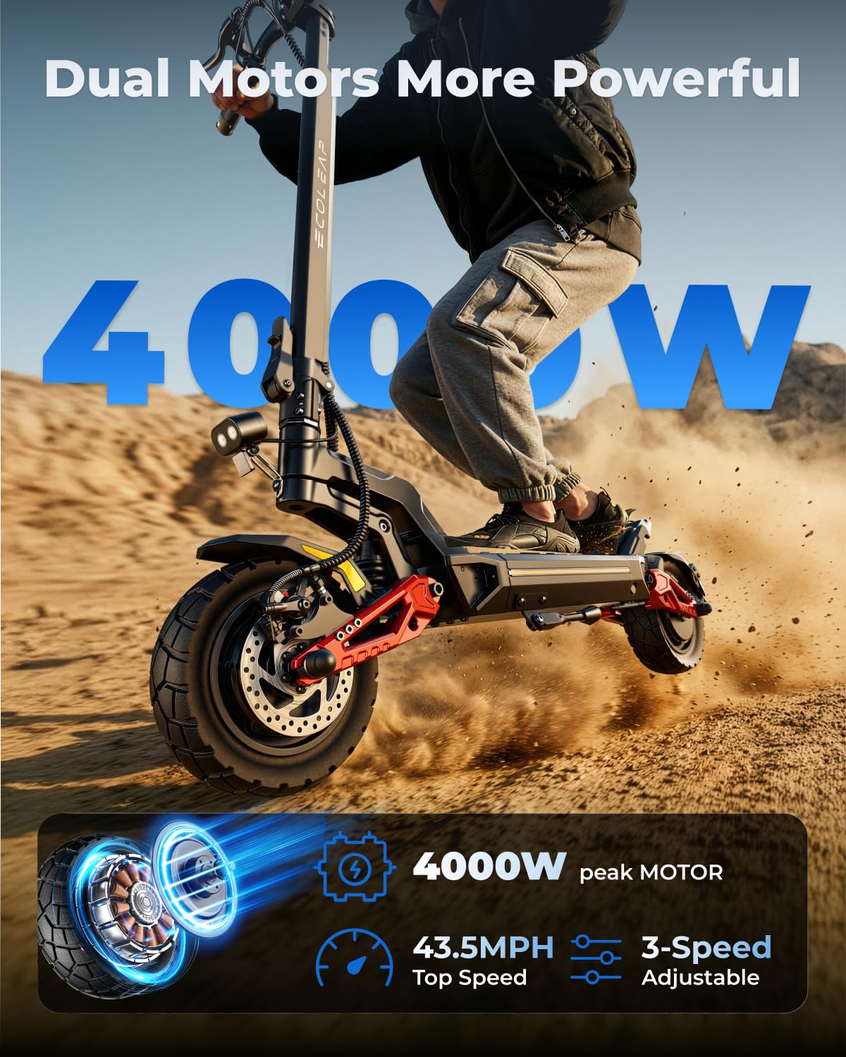Electric Scooter for Adults, 28/43.5 MPH, 50/75 Mile Range, 1500W/4000W Peak Motor, Dual Hydraulic Suspension, 4G Smart, UL2272/2271 Certified Crimson