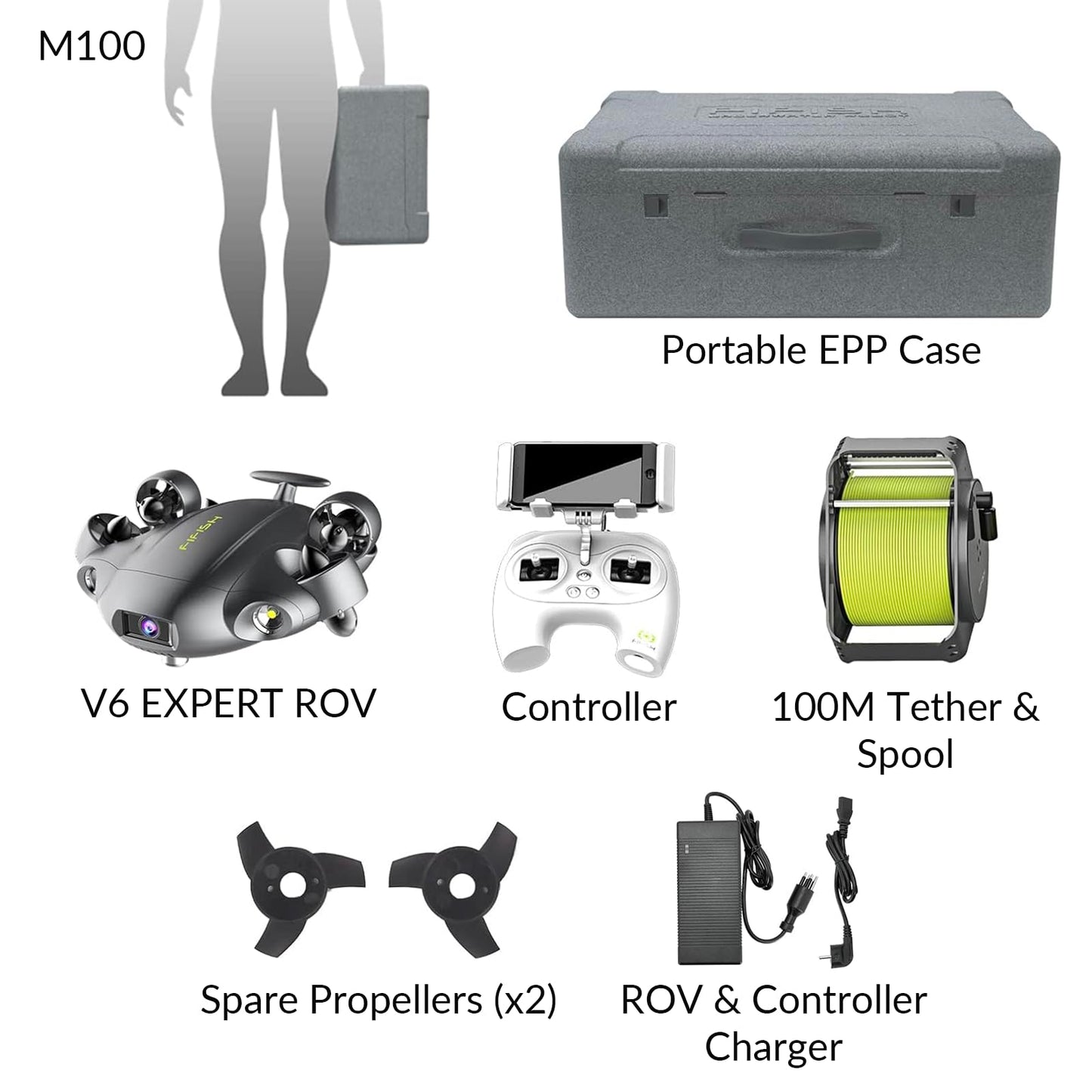 QYSEA FIFISH V6 Expert M100 with 6 Hours Working Time, AI Vision Lock Underwater Drone, QYSEA Underwater Robot with EPP Case, Q-interface, Portable ROV with 4K Camera, 330ft Dive