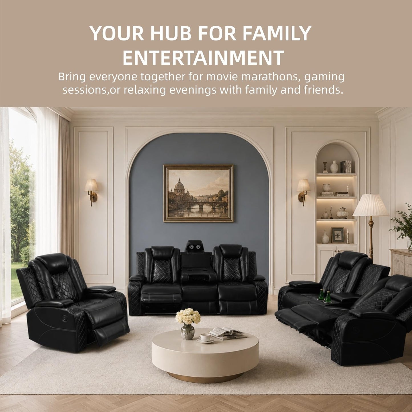 Trygoal Recliner Sofa Set, Breathing Leather 3-Piece Reclining Couch Set with Wireless Charger & LED Ambient Lighting, Home Theater Seating with Storage & Cup Holders, Movie Night Couch, Black