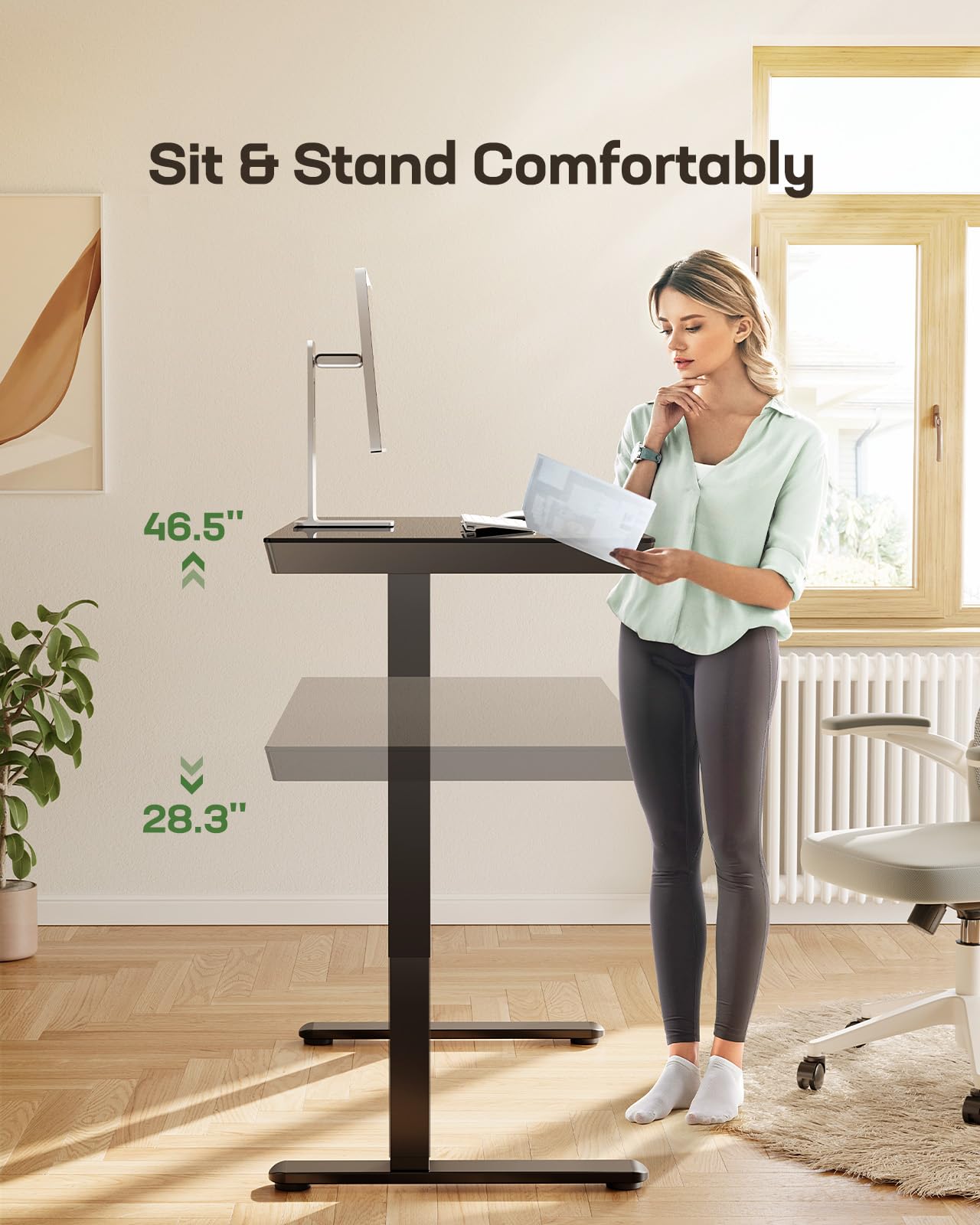 Marsail Glass Standing Desk with Drawer, 48 x 24 inch Electric Standing Desk, Height Adjustable Desk with One-Piece Tabletop & USB Charging Ports, Sit Stand Desk with Storage for Home & Office Black