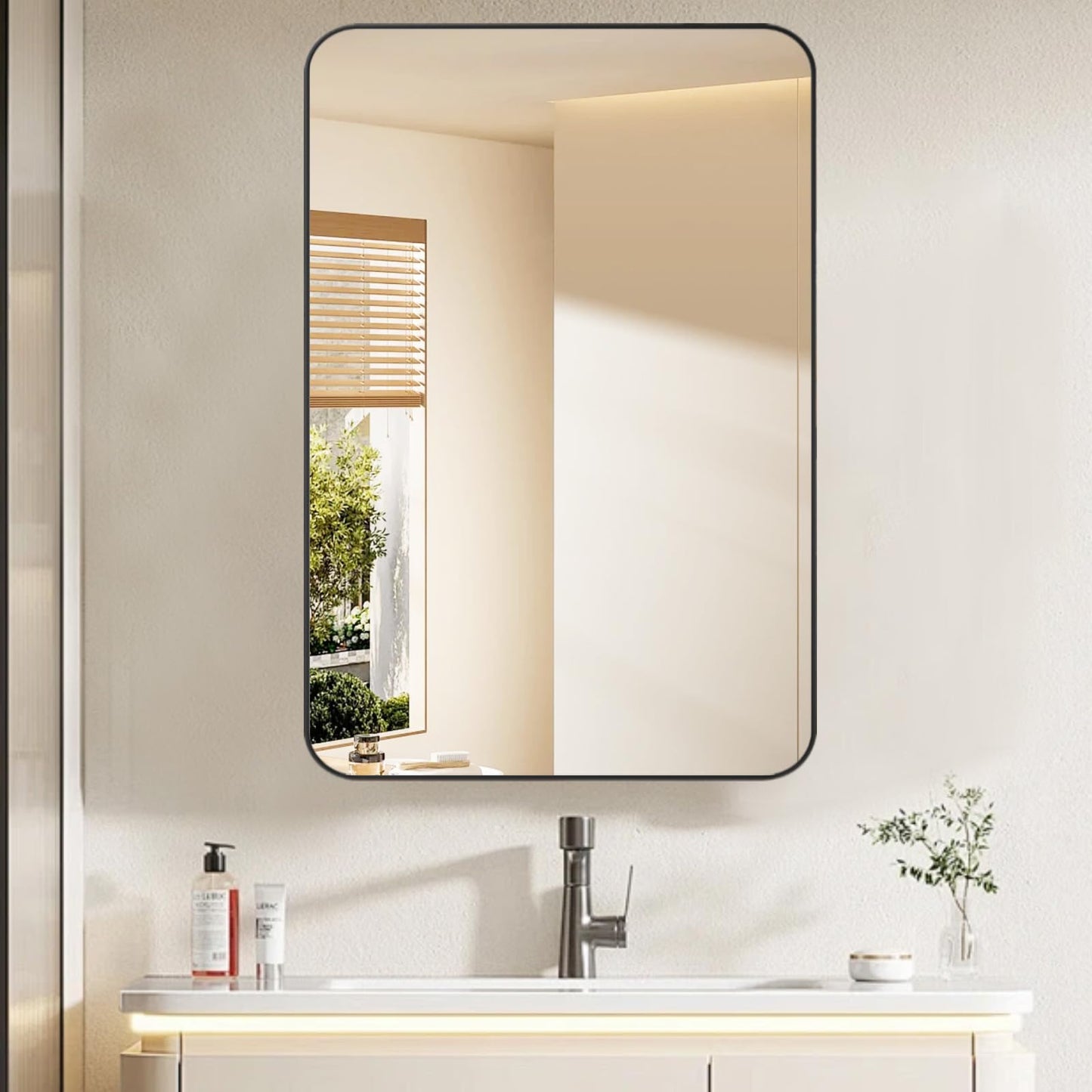 HESONTH Medicine Cabinet with Mirror, 20x26 Inch Black Bathroom Mirrored Cabinet, Metal Framed Wall Cabinet with Mirror, Modern Surface Mount or Recessed Medicine Cabinet with Storage