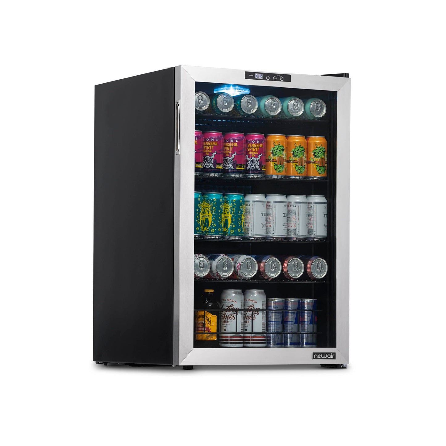 NewAir 160 Can Beverage Refrigerator | Freestanding Small Mini Fridge for Bedroom, Home Bar or Living Room | SplitShelf Storage, Digital Thermostat & LED Light | Stainless Steel