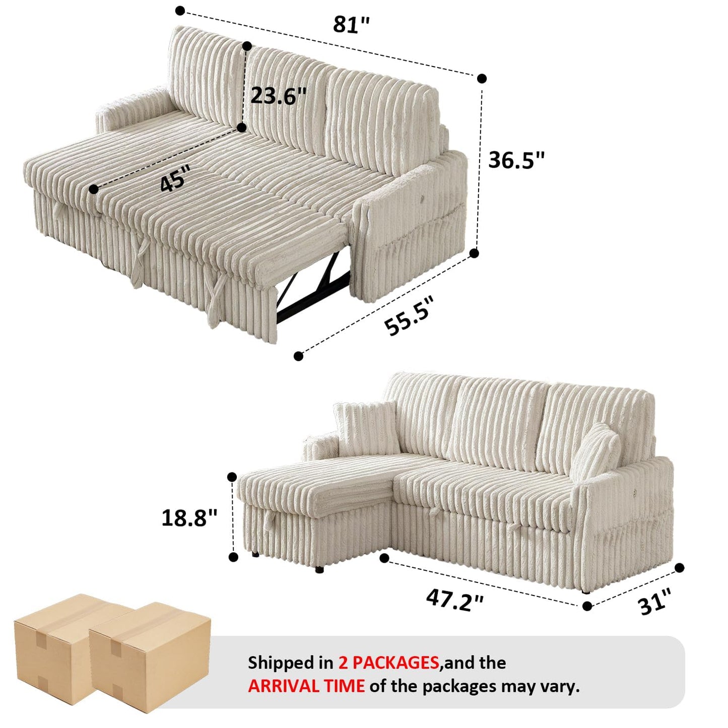 KCGKCG Sleeper Sofa Bed, 81” Pull Out Couch Bed, 3 in 1 L-Shaped Couch with Charging Station, Cup Holder, Side Pocket, Couches for Living Room(Plush Beige)