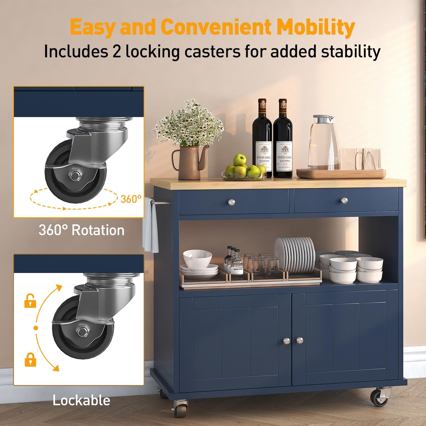 knoworld Rolling Kitchen Island with Storage Cabinet, 35.4'' Width Kitchen Cart, 2 Drawers Island Table, Portable Mobile Kitchen Island with Towel Rack, Wood Top and Lockable Wheels, Blue