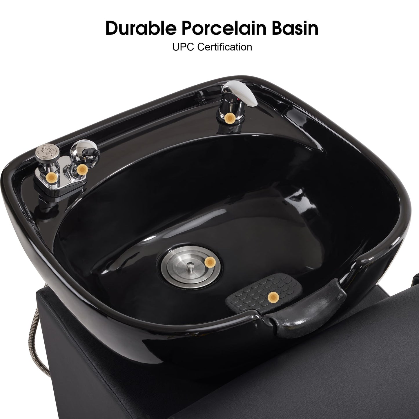 BarberPub Backwash Shampoo Station Chair with Porcelain Ceramic Hair Wash Bowl, Vacuum Breaker, Professional Black&Gold Shampoo Chair for Salon and Spa 8613 (Black&Gold)