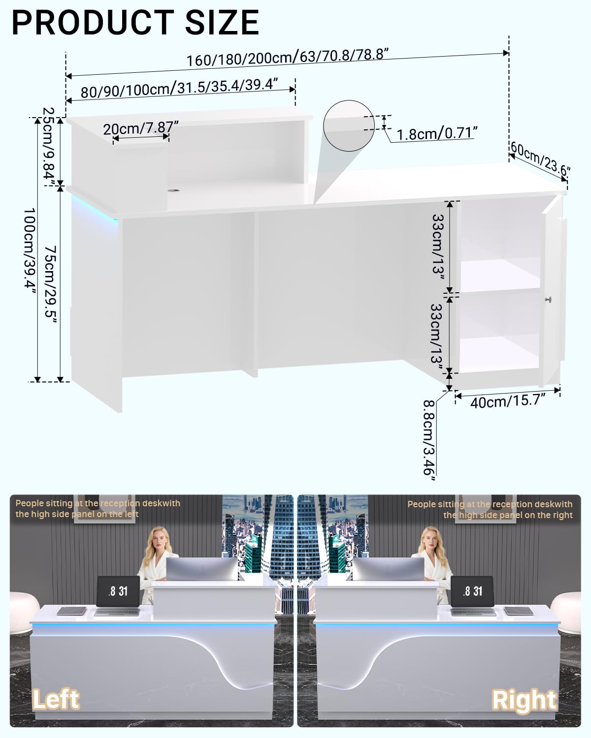 Salon Reception Desk with Counter, Front Desk Reception Counter with Lockable Drawer & Cabinet, Retail Checkout for Home Office, SOHO, Shop, Salon (White, R-63 * 23.6 * 39.3in)