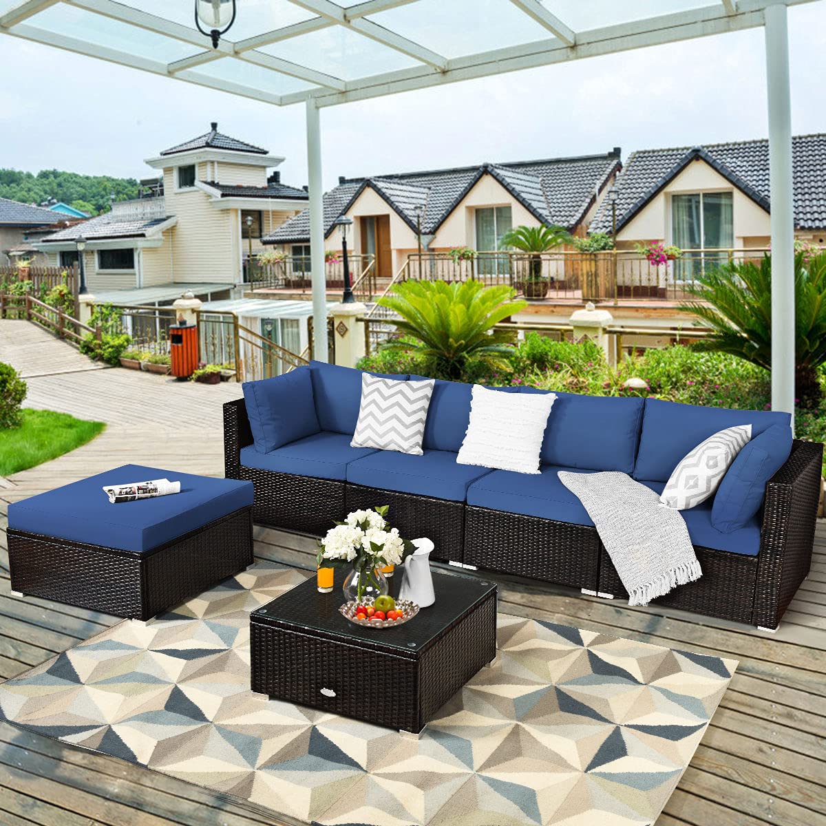 COSTWAY 6-Piece Outdoor Patio Furniture Set, Rattan Sectional Sofa Set with Tempered Glass Coffee Table, Cushions and Ottoman for Garden, Deck, Backyard (Navy)