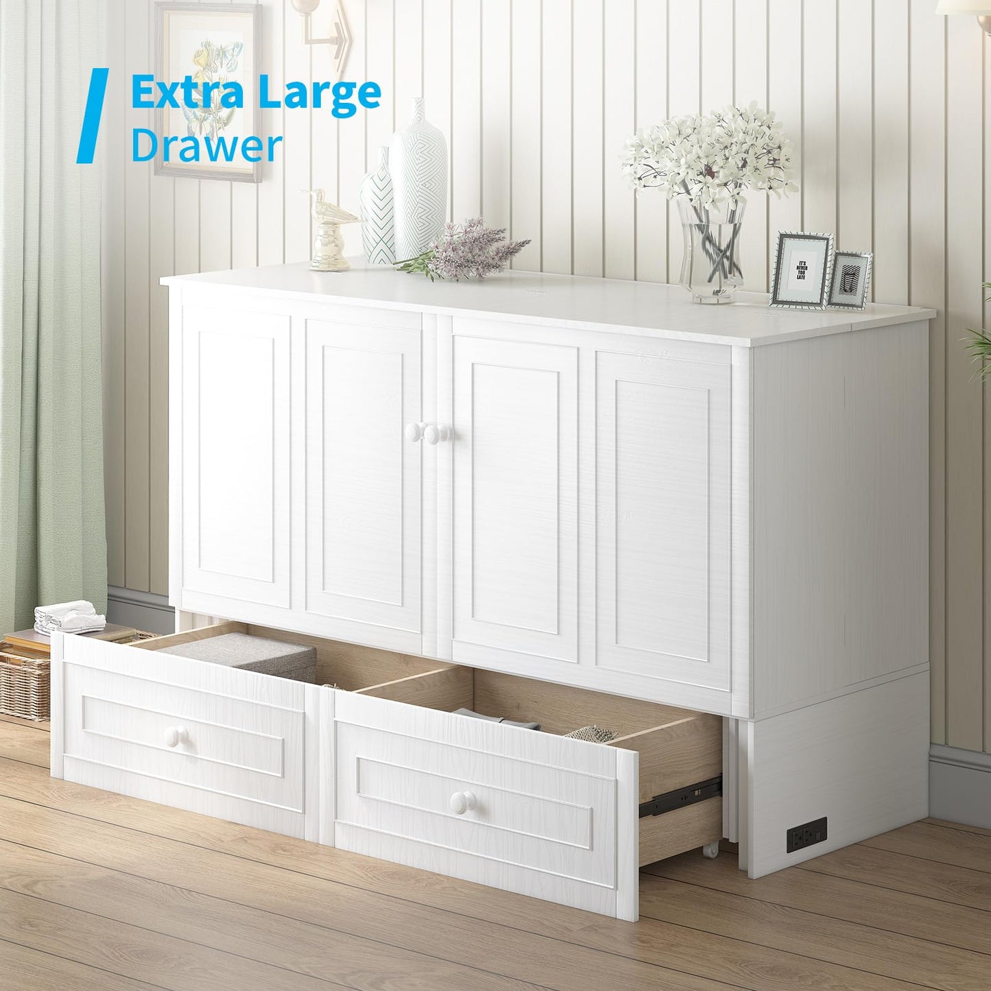 Mjkone Queen Size Murphy Bed Cabinet with Tri-Folding Mattress Included, Chest Cabinets Bed with USB Charging Station, Wall Beds with Storage Drawers for Guest Bedroom Apartment Office, White