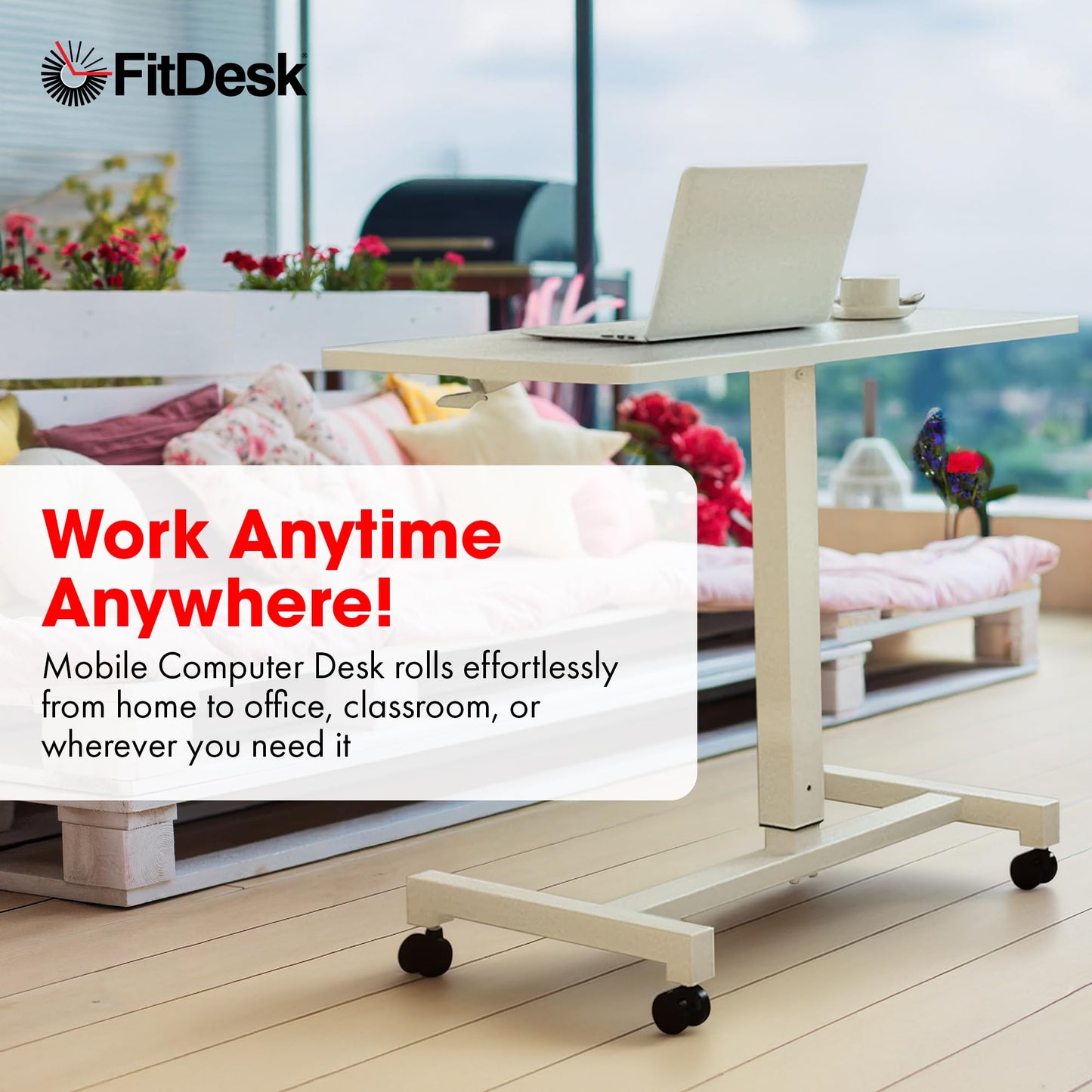 FitDesk Portable Laptop Desk, Rolling Standing Workstation Adjustable Height, Compact Standing Table with Large Surface, Small Stand Desk for Home Office, 30 lb Weight Limit, White, 27" Tabletop