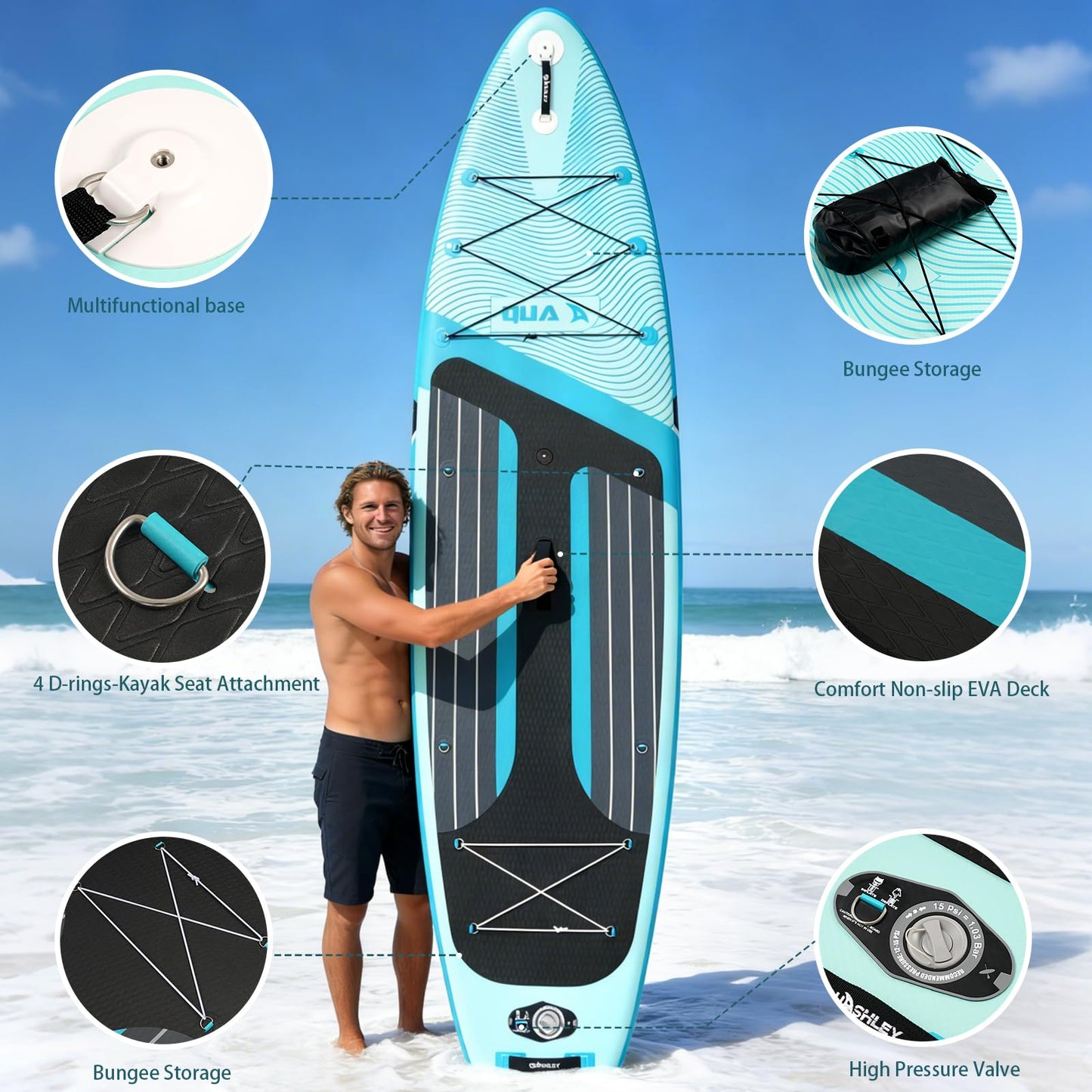 Quashley Inflatable Stand Up Paddle Board - All-Round SUP for Yoga,Fishing,Touring | Portable,Stable,Lightweight with Non-Slip Deck & Paddle for Beginners & Family Fun Green Waves