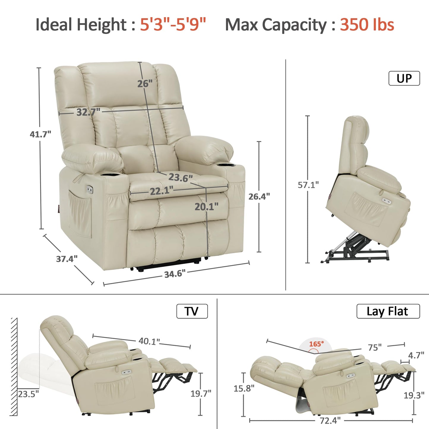 MCombo Dual Motor Power Lift Recliner Chair for Elderly, Lay Flat Lift Chair with Heat and Massage, Cup Holders, USB Ports, Faux Leather 7890 (Cream White, Medium)