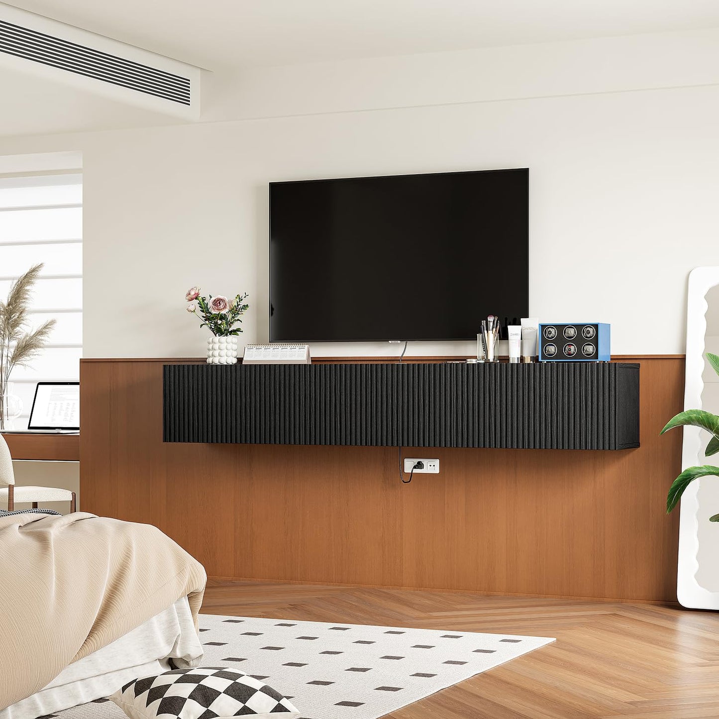 FloatiCasa Floating TV Stand with 3 Doors,55IN Wall Mounted TV Cabinet,Slatted Floating Media Console Entertainment Center with Storage,Under TV Shelf for Bedroom Living Room,Black