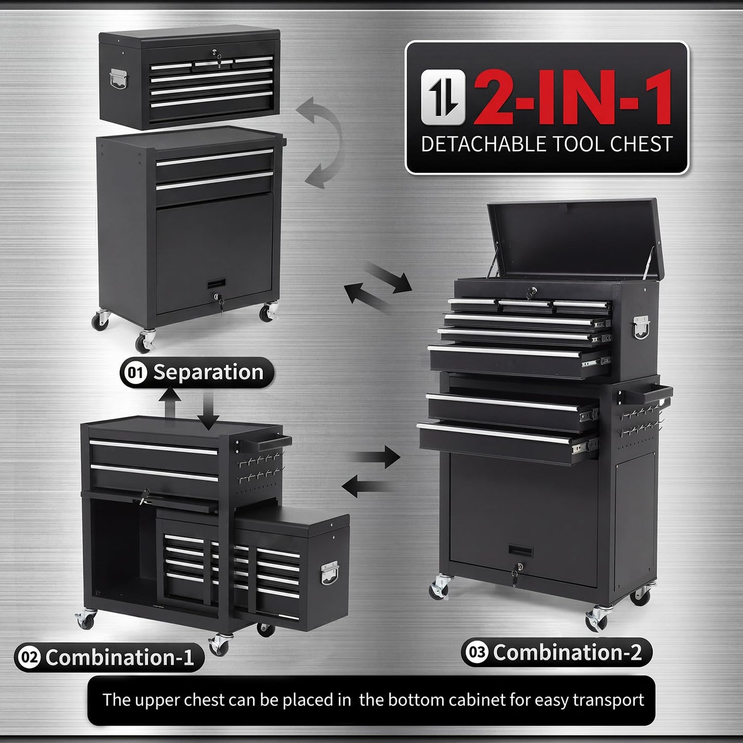 8-Drawer 2-in-1 Rolling Tool Cart with Lock Detachable Top Box - Black