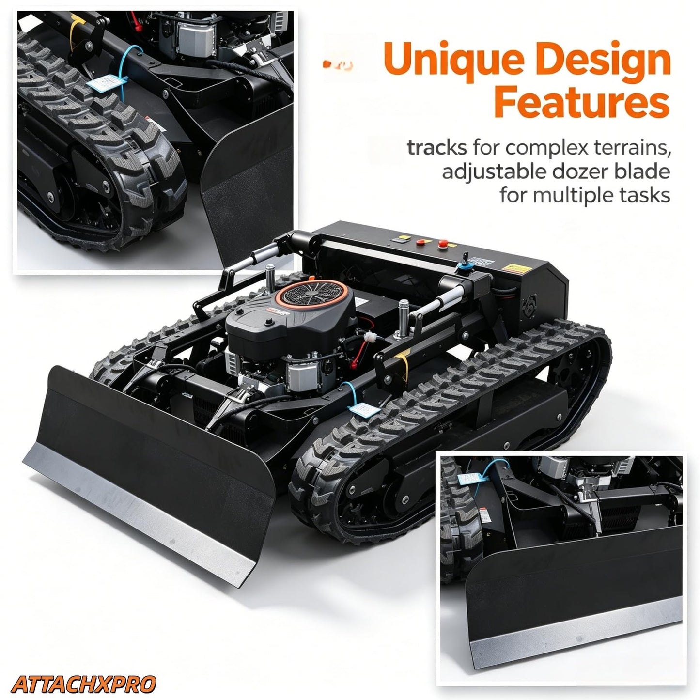 Remote Control Lawn Mower, 25HP Oil-Electric Hybrid Crawler Track Mower,100m Range, 35" Cutting Width, Adjustable Height RC Robotic Lawn Mower for Slope Climbing with Snowplow (gey)