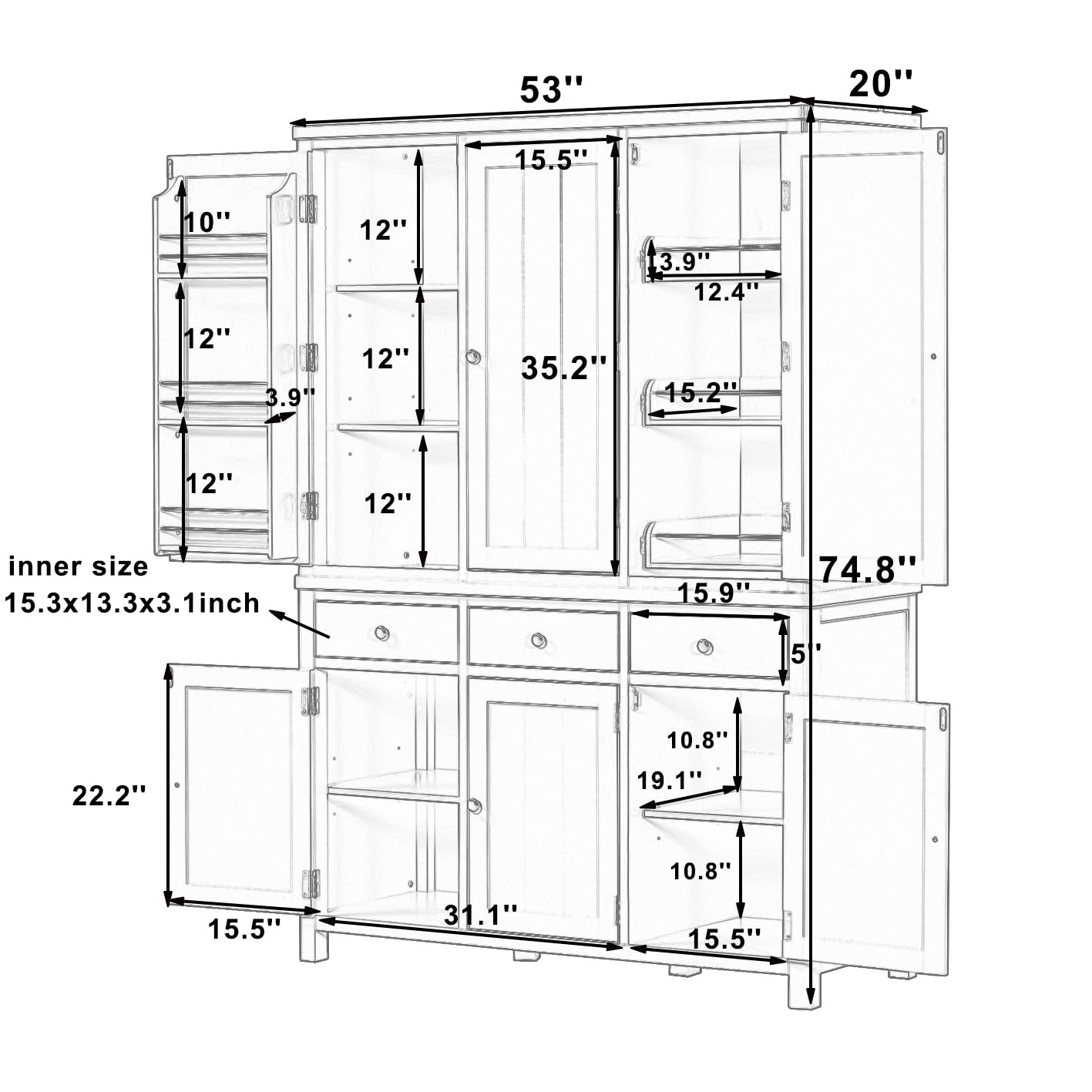 Merax 74.8'' Tall Kitchen Pantry Storage Cabinet with 6 Doors, 3 Drawers and Adjustable Shelves, Freestanding Large Cupboard & Pull-Out Trays for Kitchen, Dining Room, Living Room, Gray