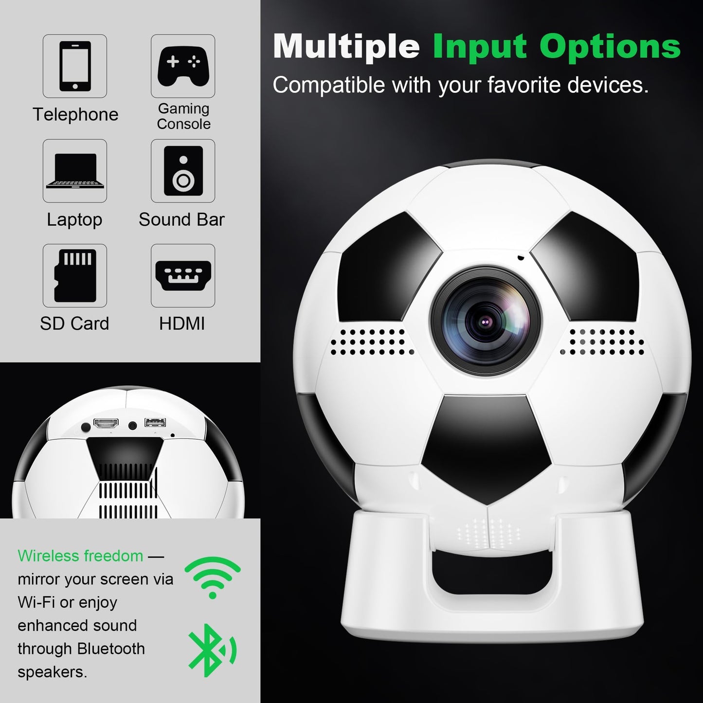 Soccer Fan's Ultimate Native 1080P Projector with Built-in Apps, Bluetooth Projector with Dual Bond Wi-Fi 6, 180° Rotatable Integrated stand, Gift for Big Soccer Match Supporters