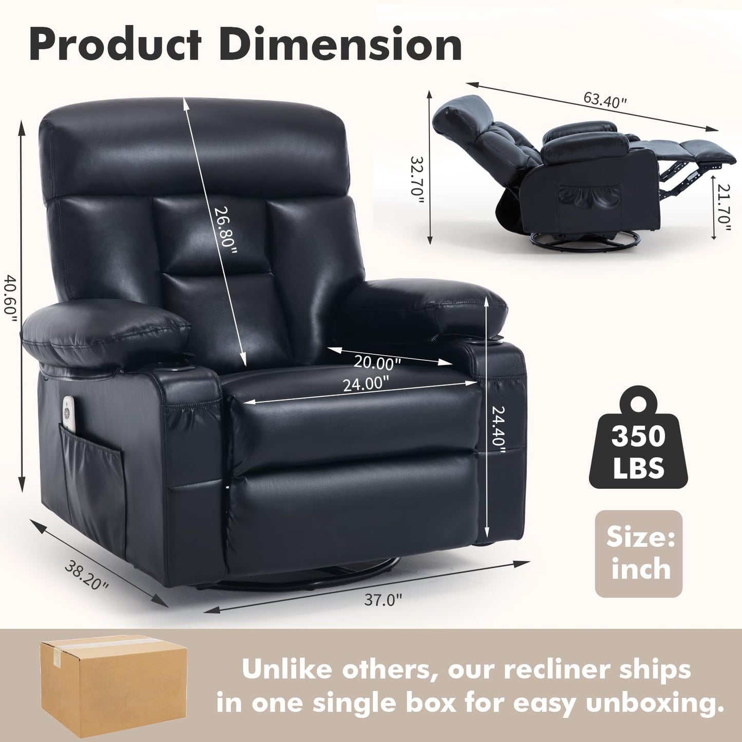 Comermax Rocker Recliner Chair with Heat and Massage, Wide Seat Heated Massaging Reclining Chair, Faux Leather Manual Swivel Rocking Recliners with Cup Holder, Black