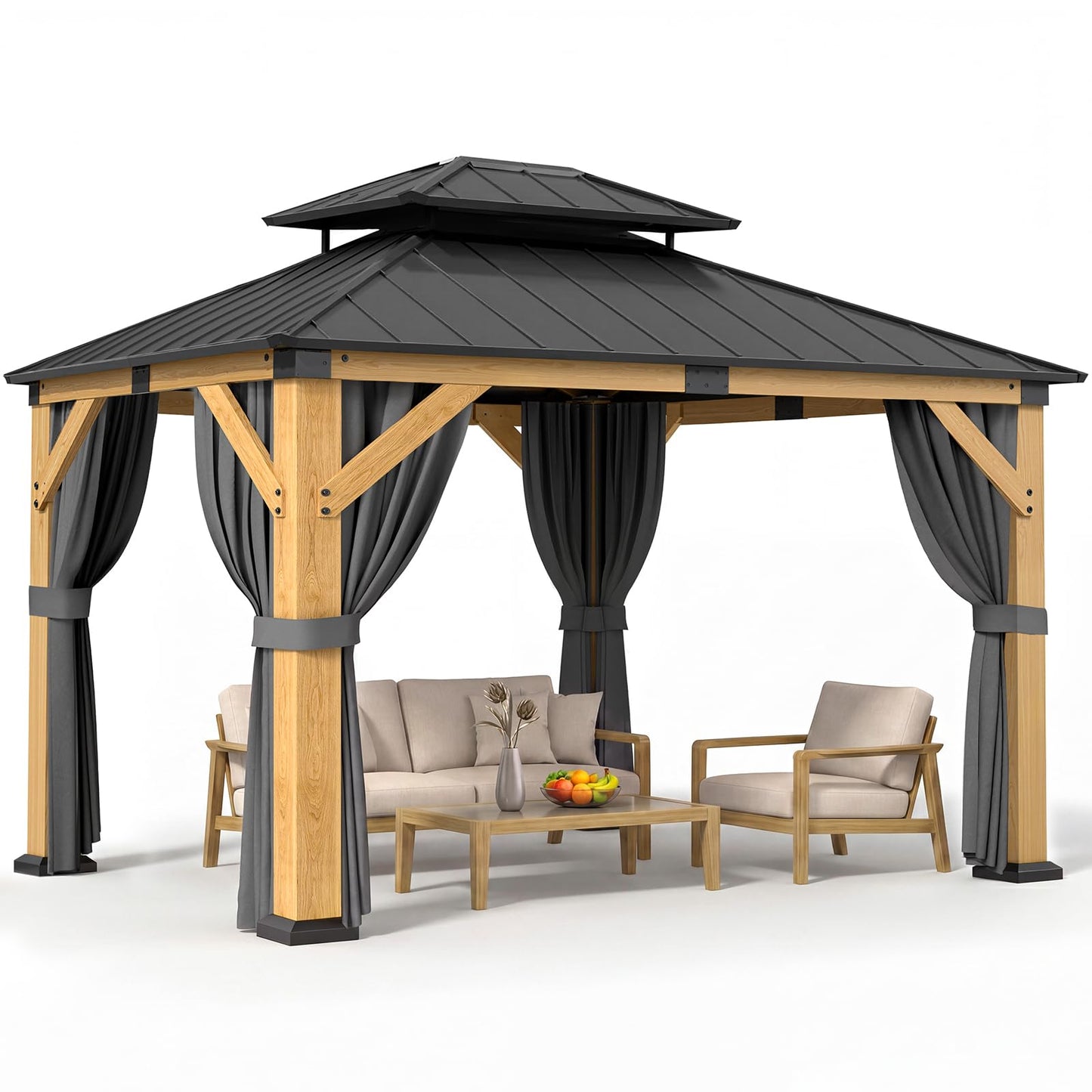 Jocoevol 10' X 12' Wood Gazebo Hardtop Outdoor Permanent Pavilion with Double Galvanized Steel Roof, Curtains and Netting, Snow Support, Wind Resistance, for Backyard Garden, Lawns, Patio