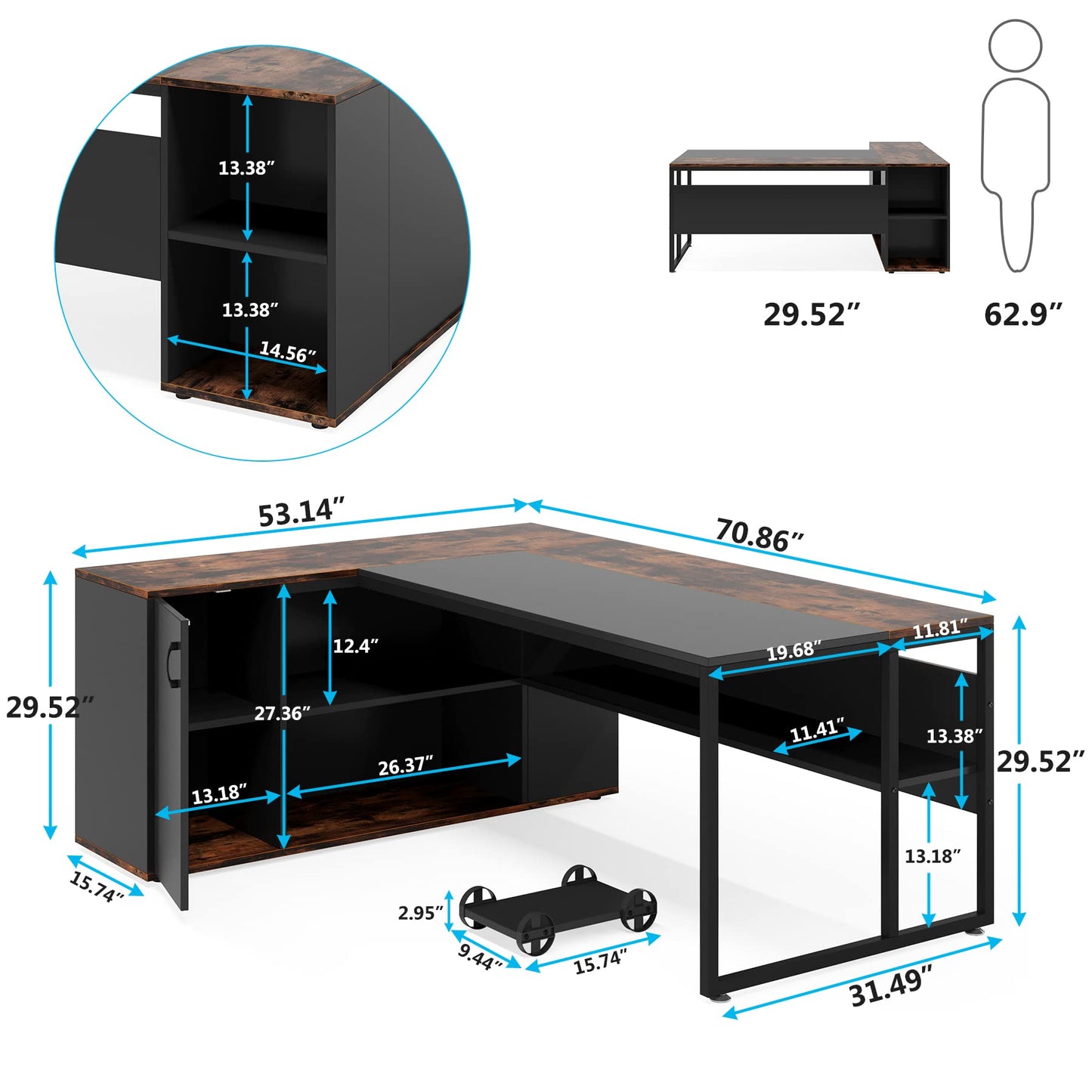 Tribesigns 71 inch Executive Desk, L Shaped Desk with Cabinet Storage, Executive Office Desk with Shelves, Business Furniture Workstation for Home Office, Brown and Black