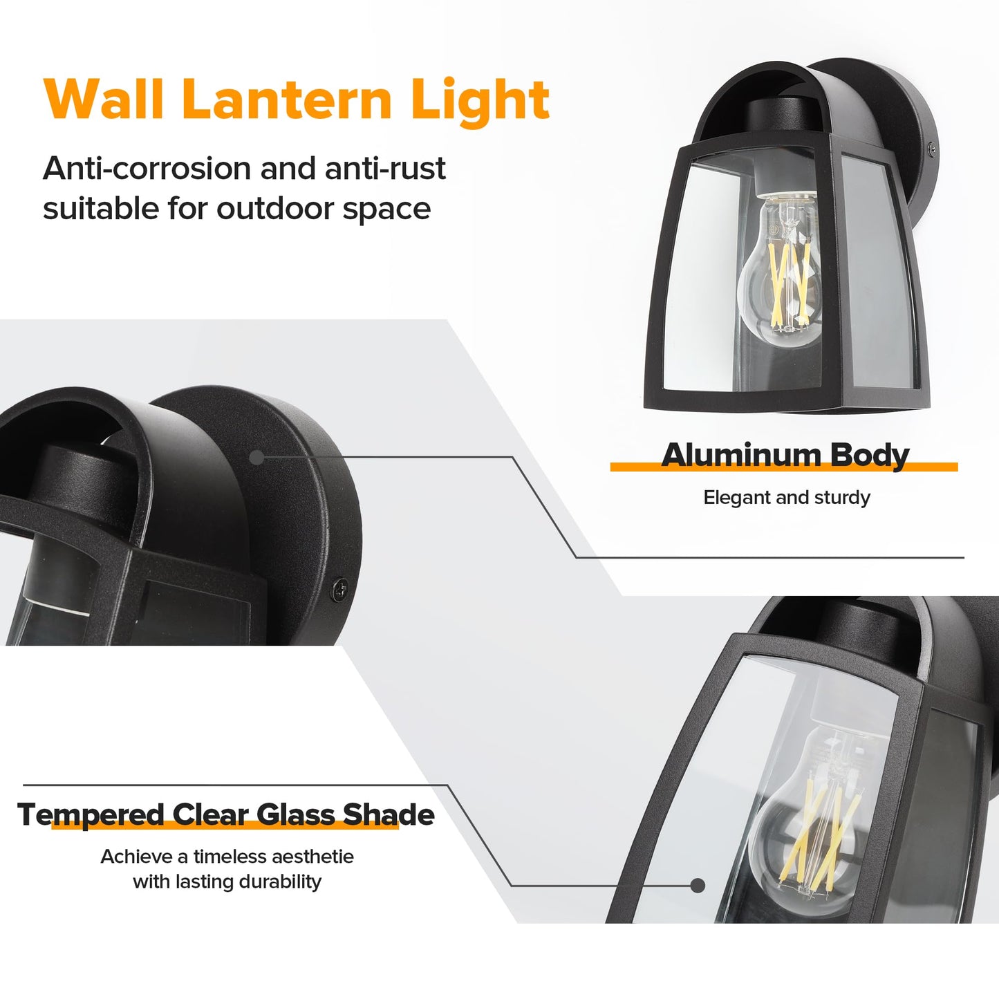 LUTEC Outdoor Wall Light Fixtures, Waterproof Aluminum Sconce, Modern Matte Black, Clear Glass Shade, 2 Pack