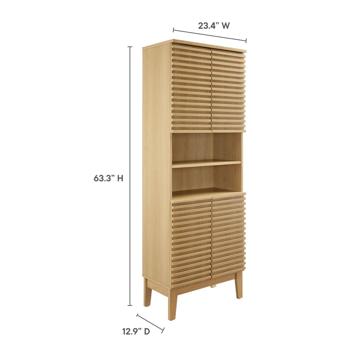 Modway Render Tall Bathroom Storage Tower in Oak - 63” Freestanding Linen Cabinet with Open Shelves and 4 Soft-Close Doors - Towel and Makeup Organizer
