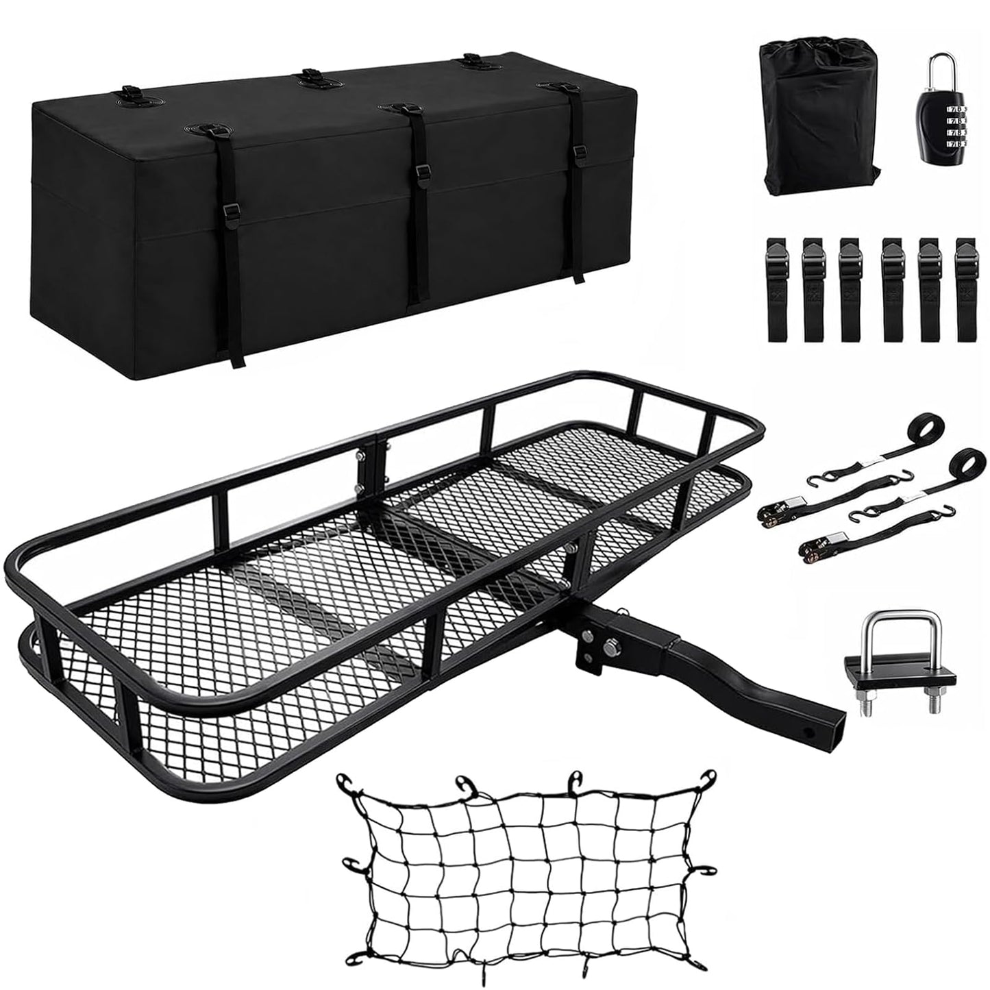 Hitch Cargo Carrier with Waterproof Bag, 60" x 20" x 6" Trailer Hitch Cargo Basket, 500 lbs Capacity Rear Luggage Rack with Cargo Net & Ratchet Straps, Fits 2" Hitch Receiver for SUV, Truck, Pickup